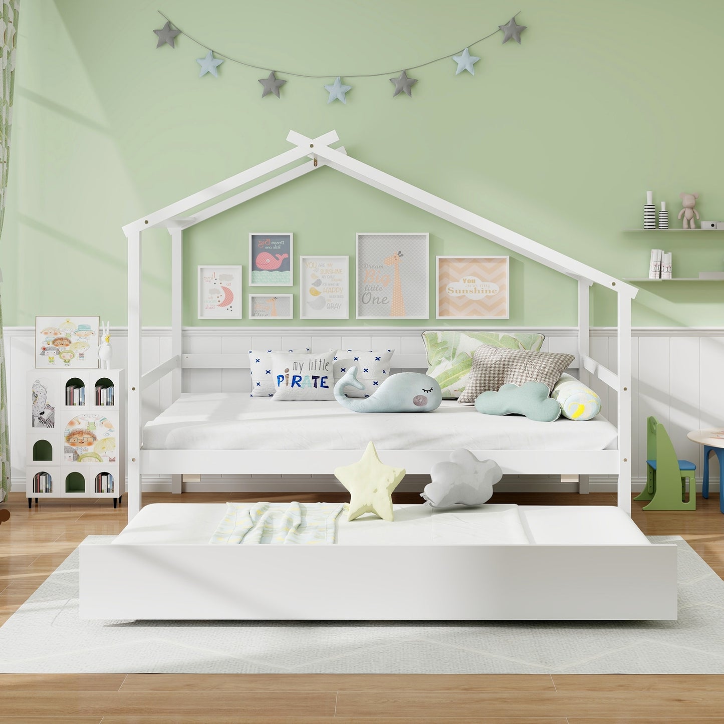 Kids Twin Size House Bed with Trundle and Roof-White Kids Crystal