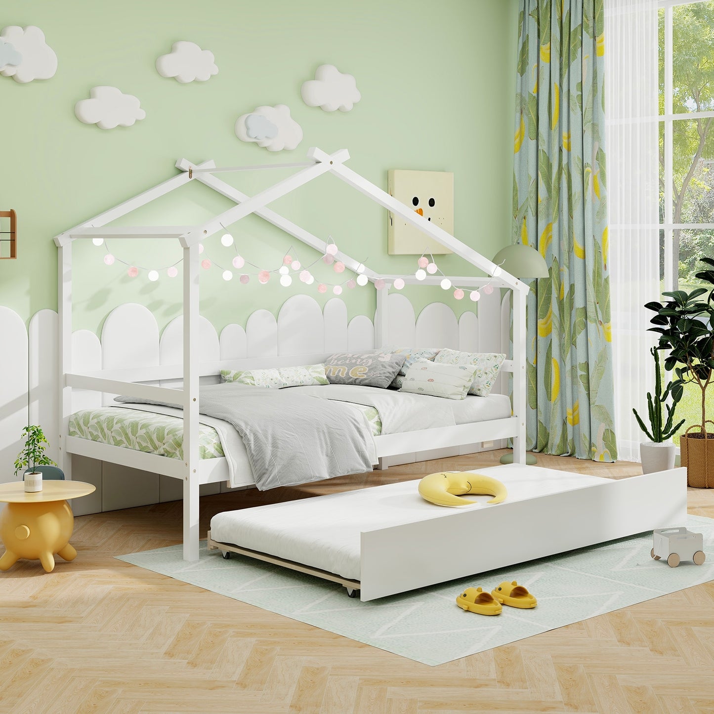 Kids Twin Size House Bed with Trundle and Roof-White Kids Crystal