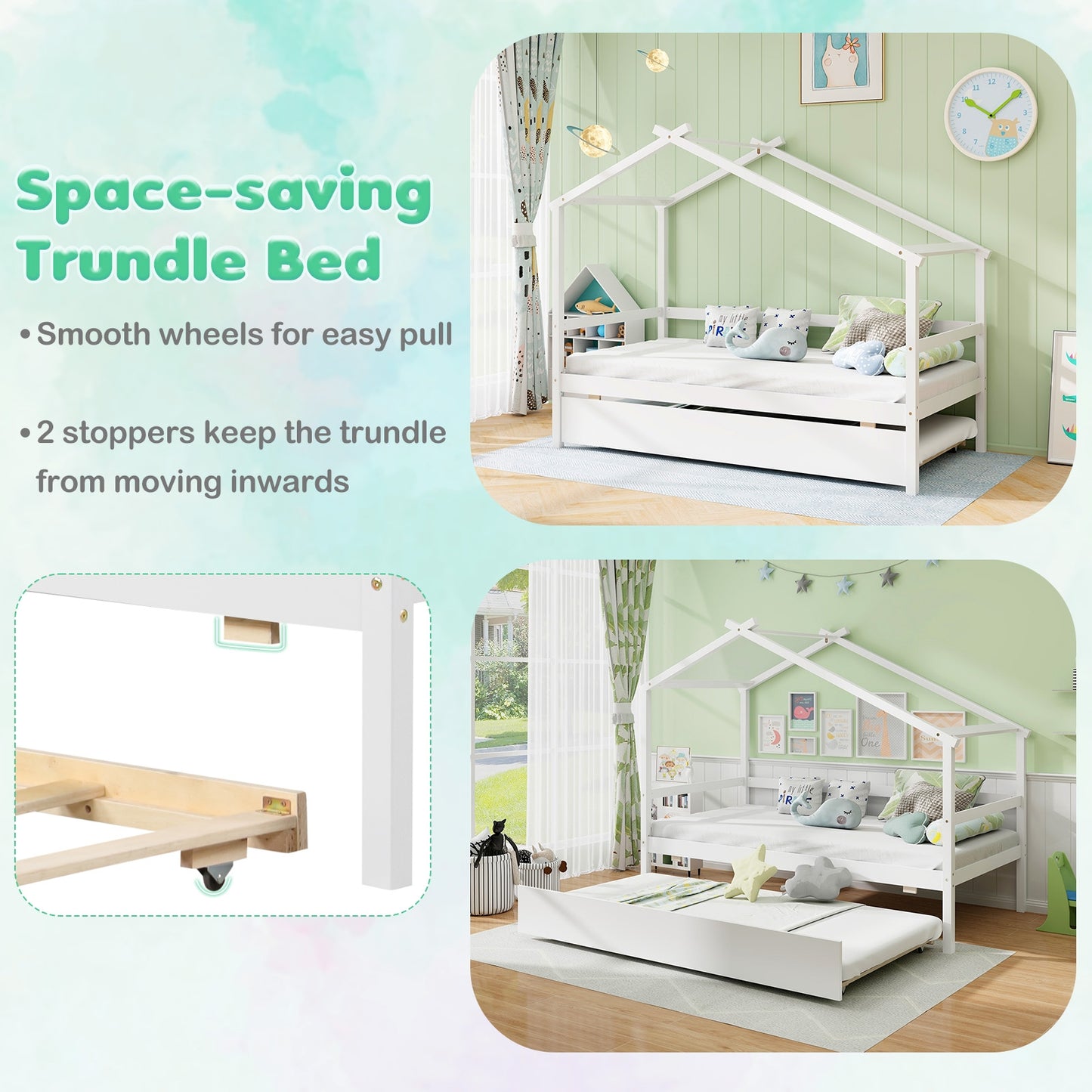 Kids Twin Size House Bed with Trundle and Roof-White Kids Crystal