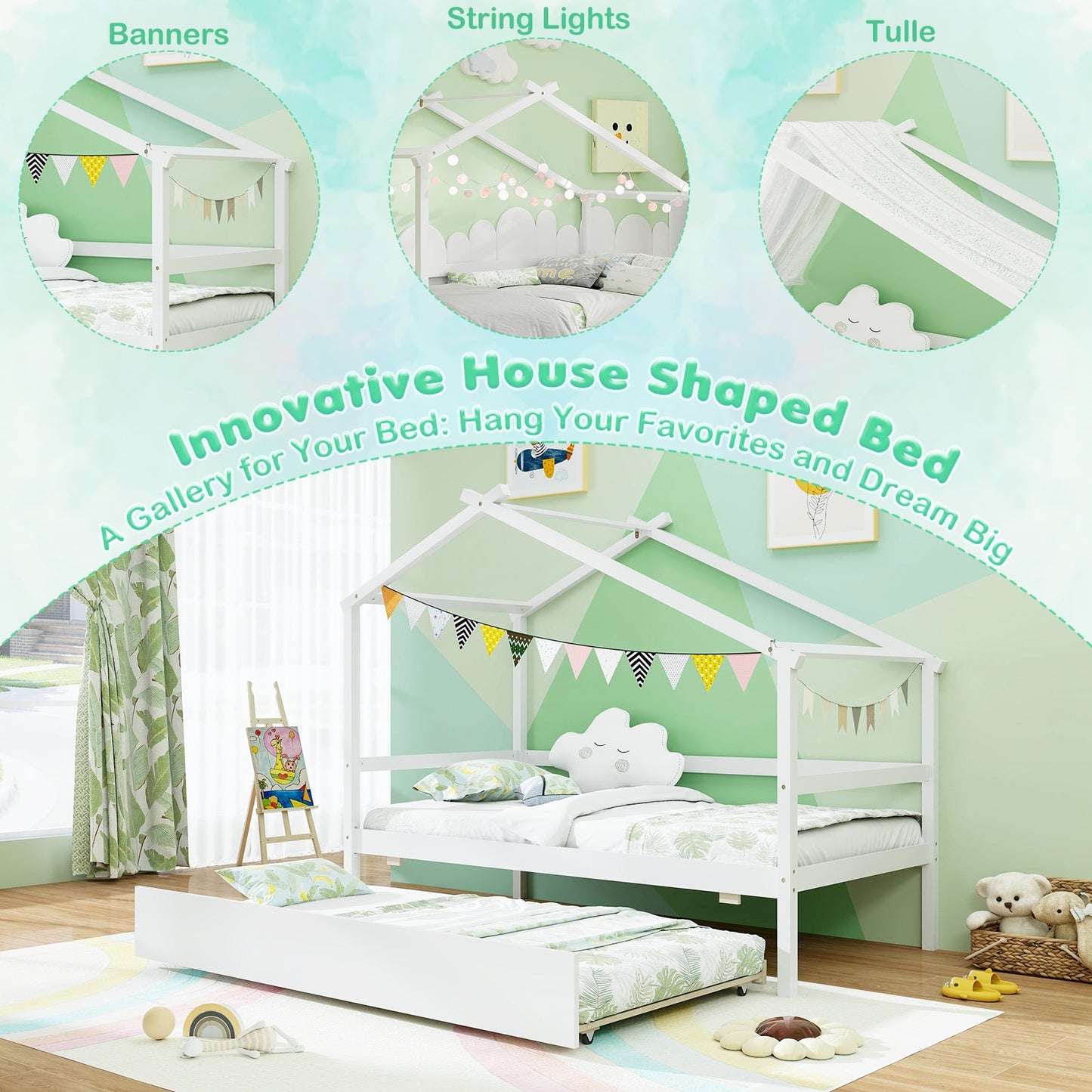 Kids Twin Size House Bed with Trundle and Roof-White Kids Crystal