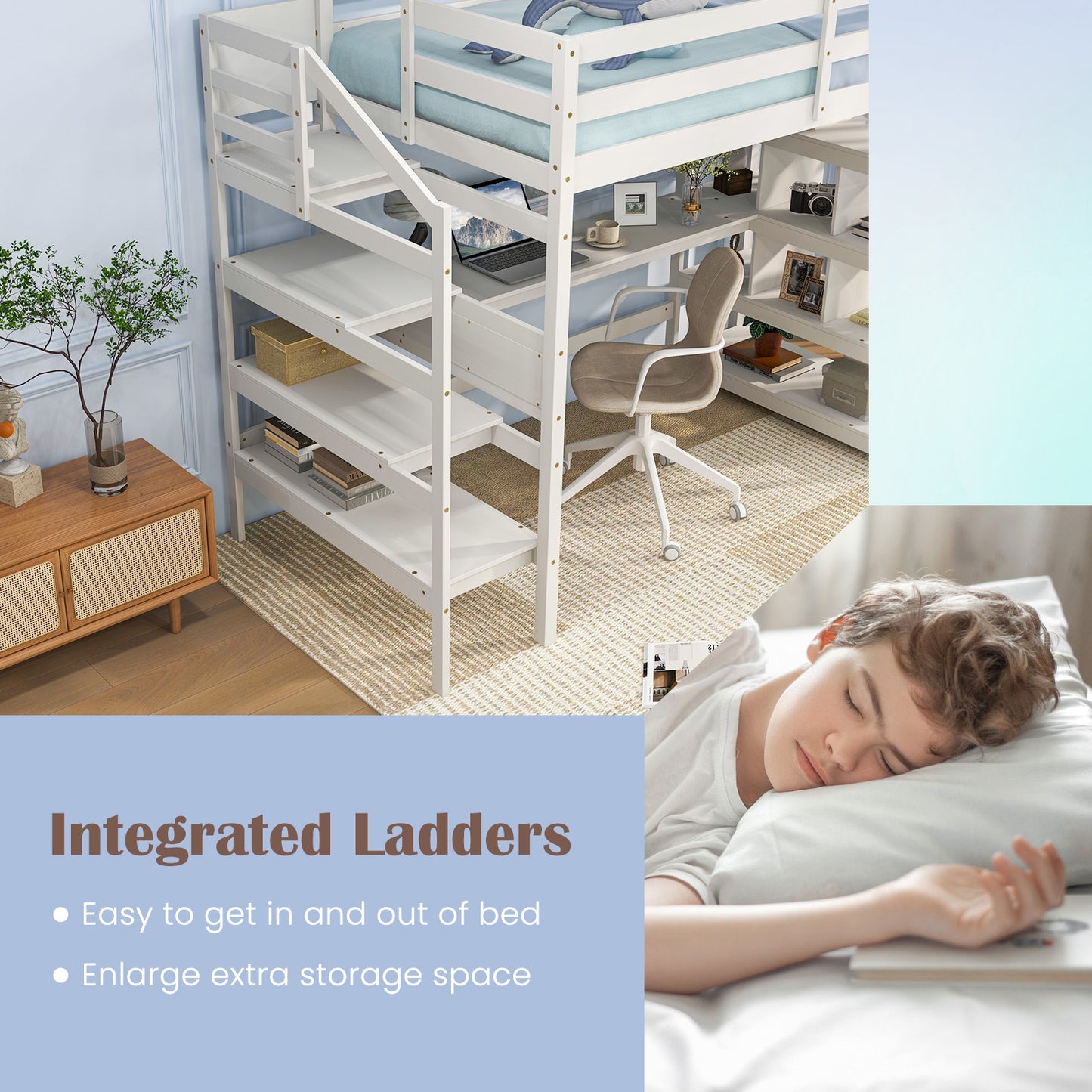 Twin Size Loft Bed with Desk and Storage Stairs Loft Bed Frame with Shelves and Safety Guardrails-White Kids Crystal