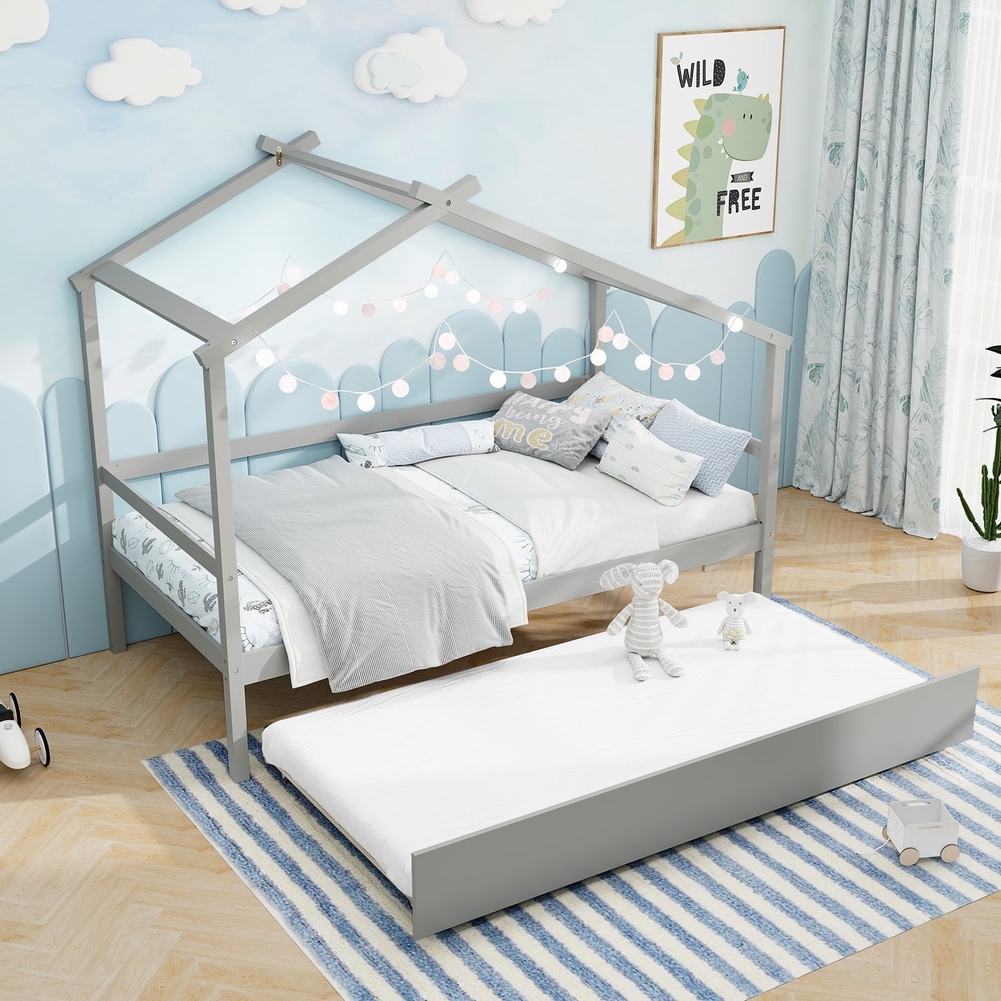 Kids Twin Size House Bed with Trundle and Roof-Gray Kids Crystal