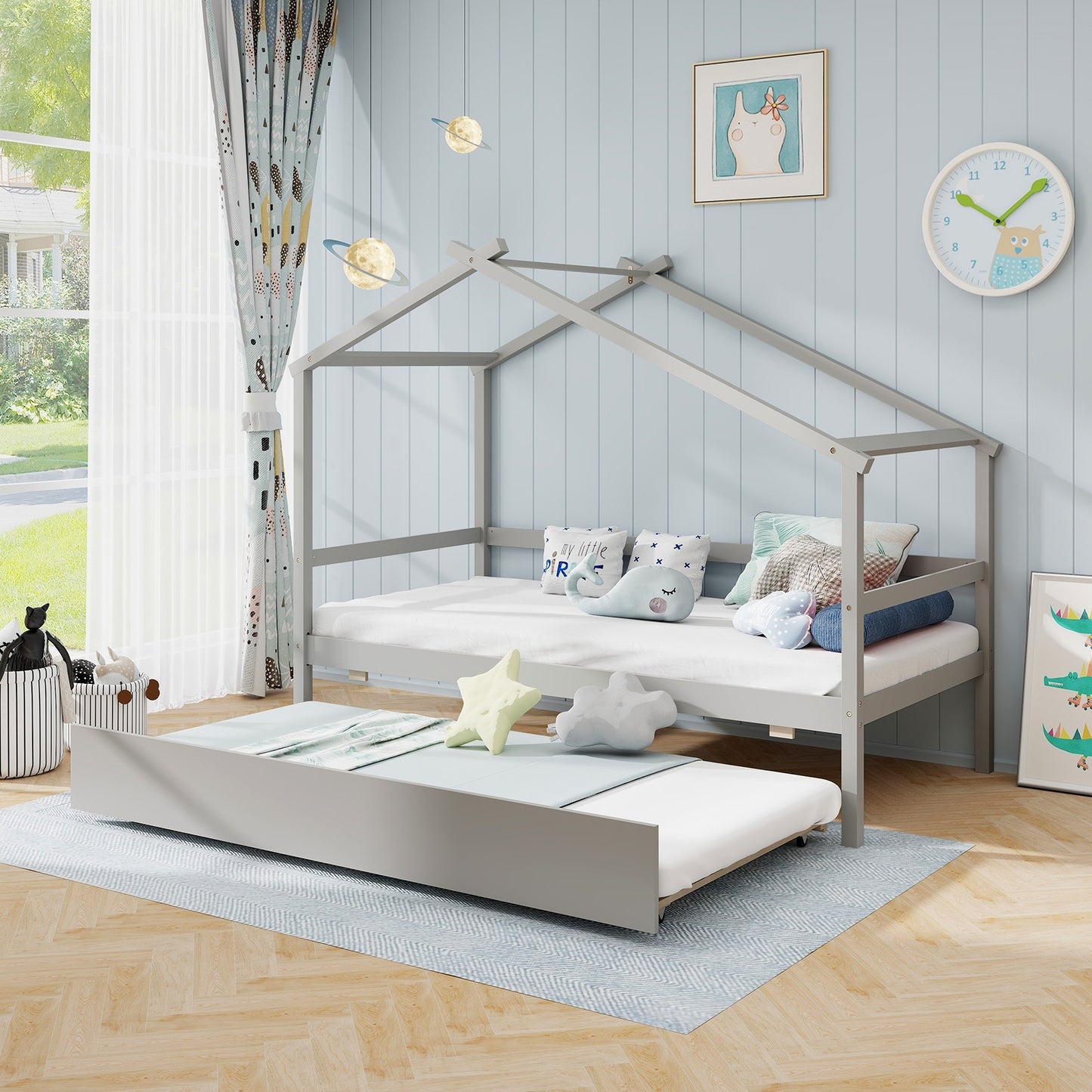 Kids Twin Size House Bed with Trundle and Roof-Gray Kids Crystal