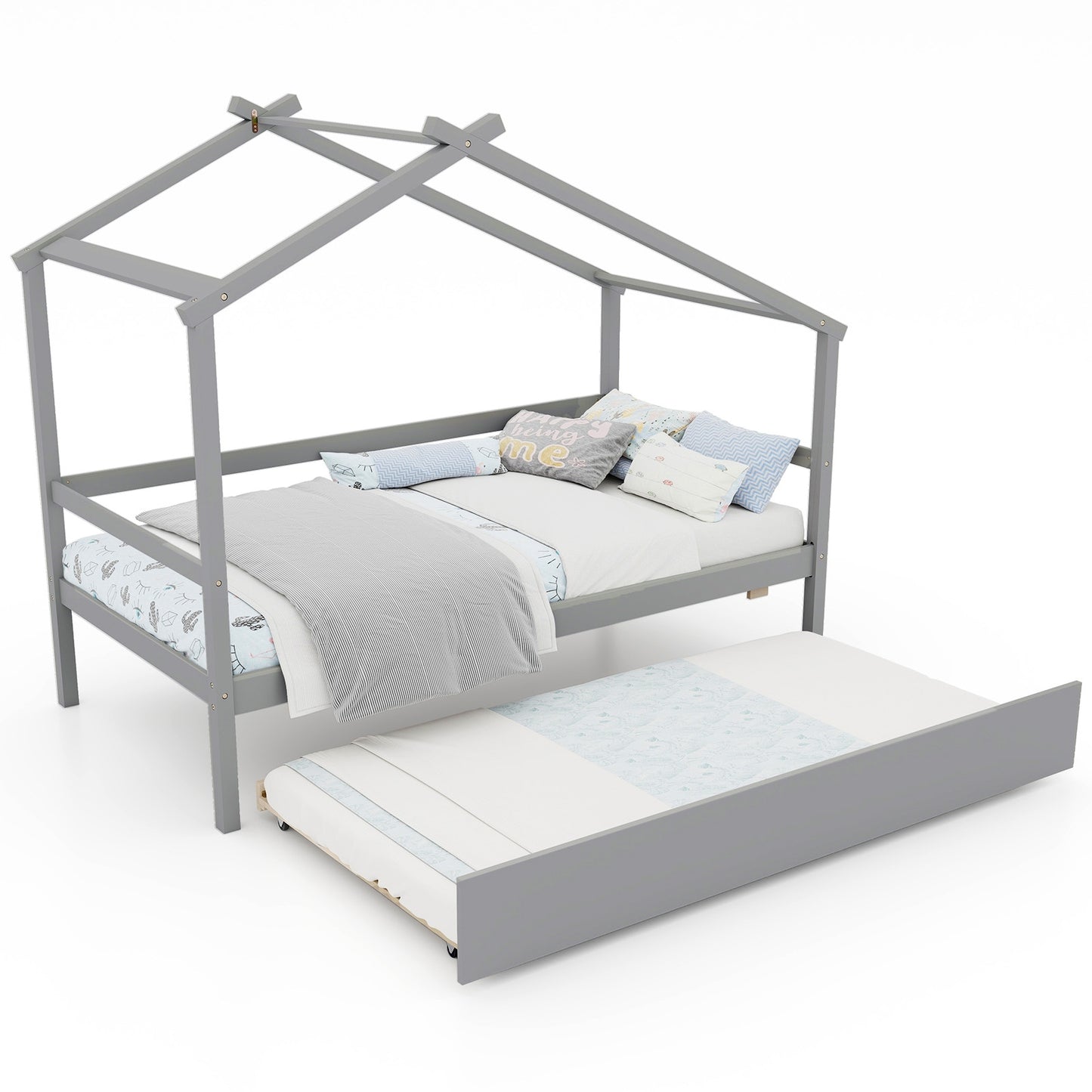 Kids Twin Size House Bed with Trundle and Roof-Gray Kids Crystal