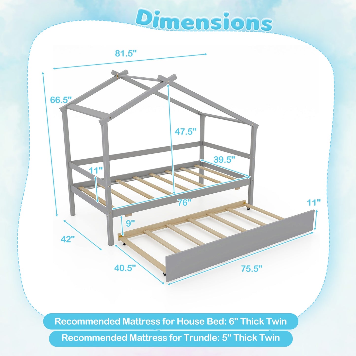 Kids Twin Size House Bed with Trundle and Roof-Gray Kids Crystal
