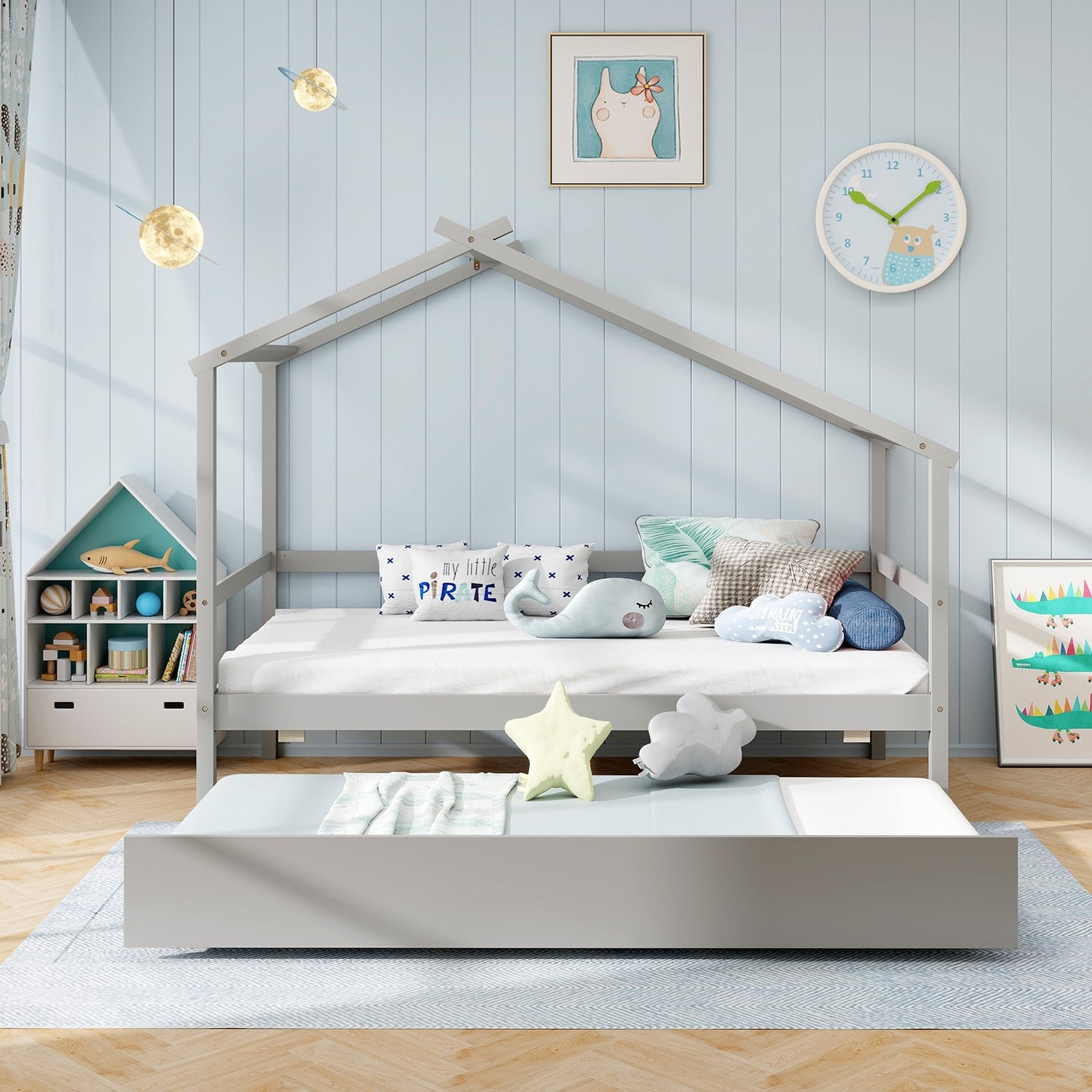 Kids Twin Size House Bed with Trundle and Roof-Gray Kids Crystal