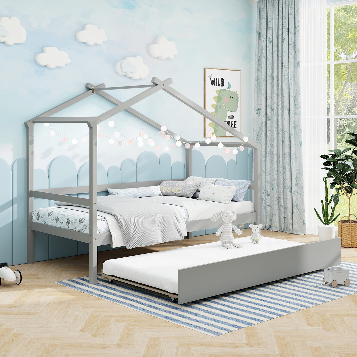 Kids Twin Size House Bed with Trundle and Roof-Gray Kids Crystal