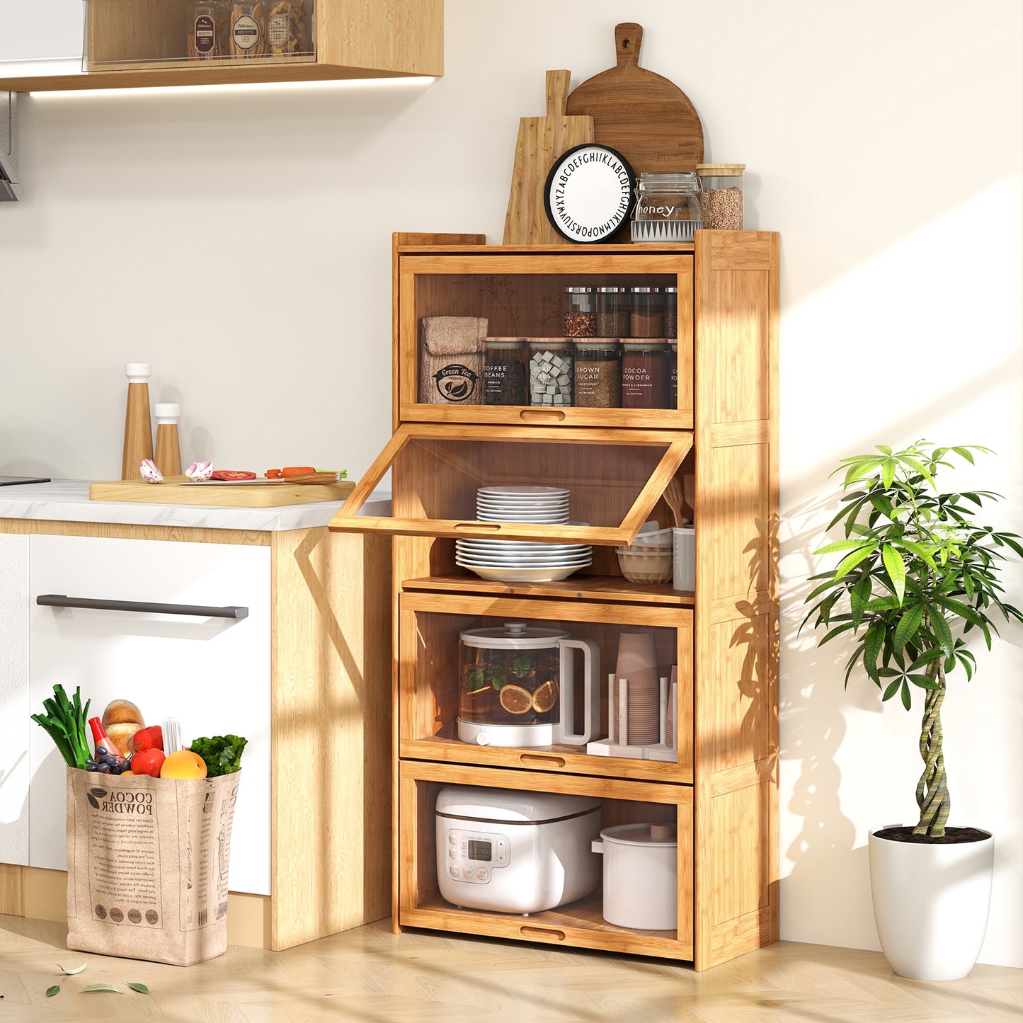 4-Tier Bamboo Bookcase with Doors for Study Room Living Room-Natural Kids Crystal