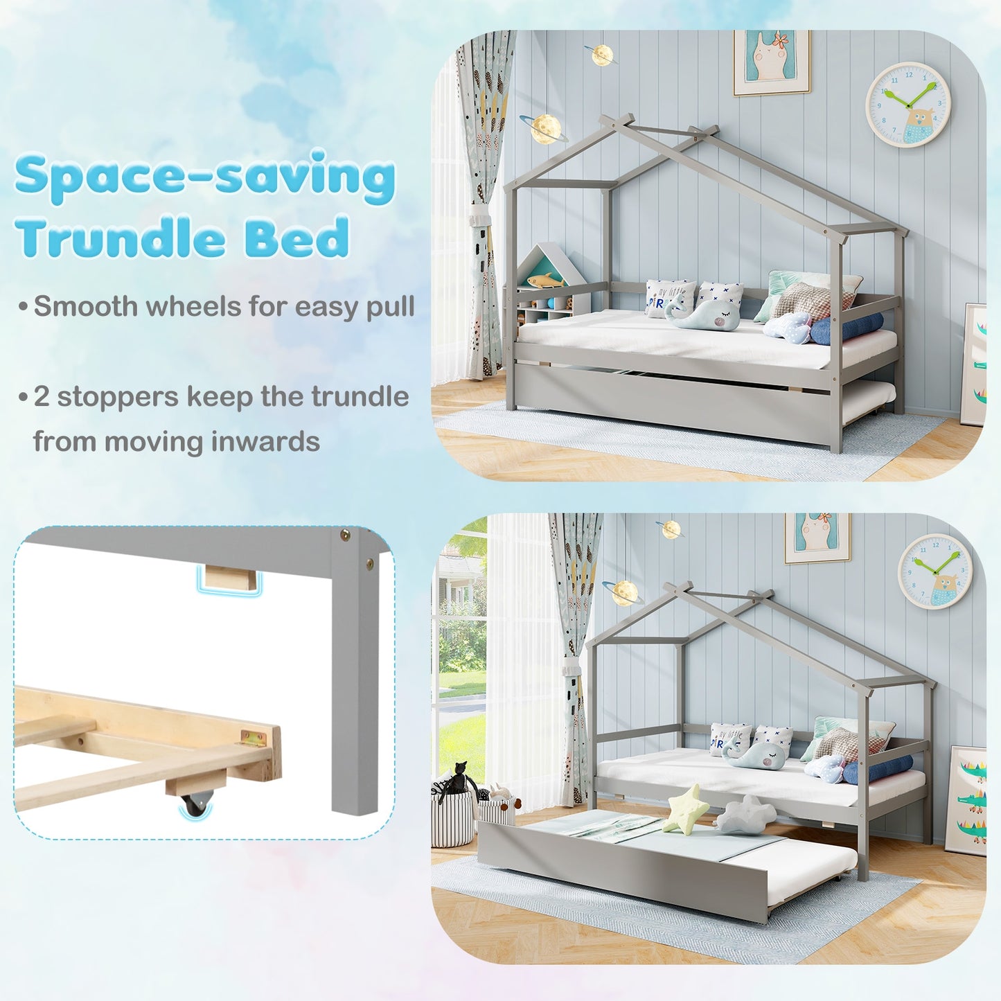 Kids Twin Size House Bed with Trundle and Roof-Gray Kids Crystal