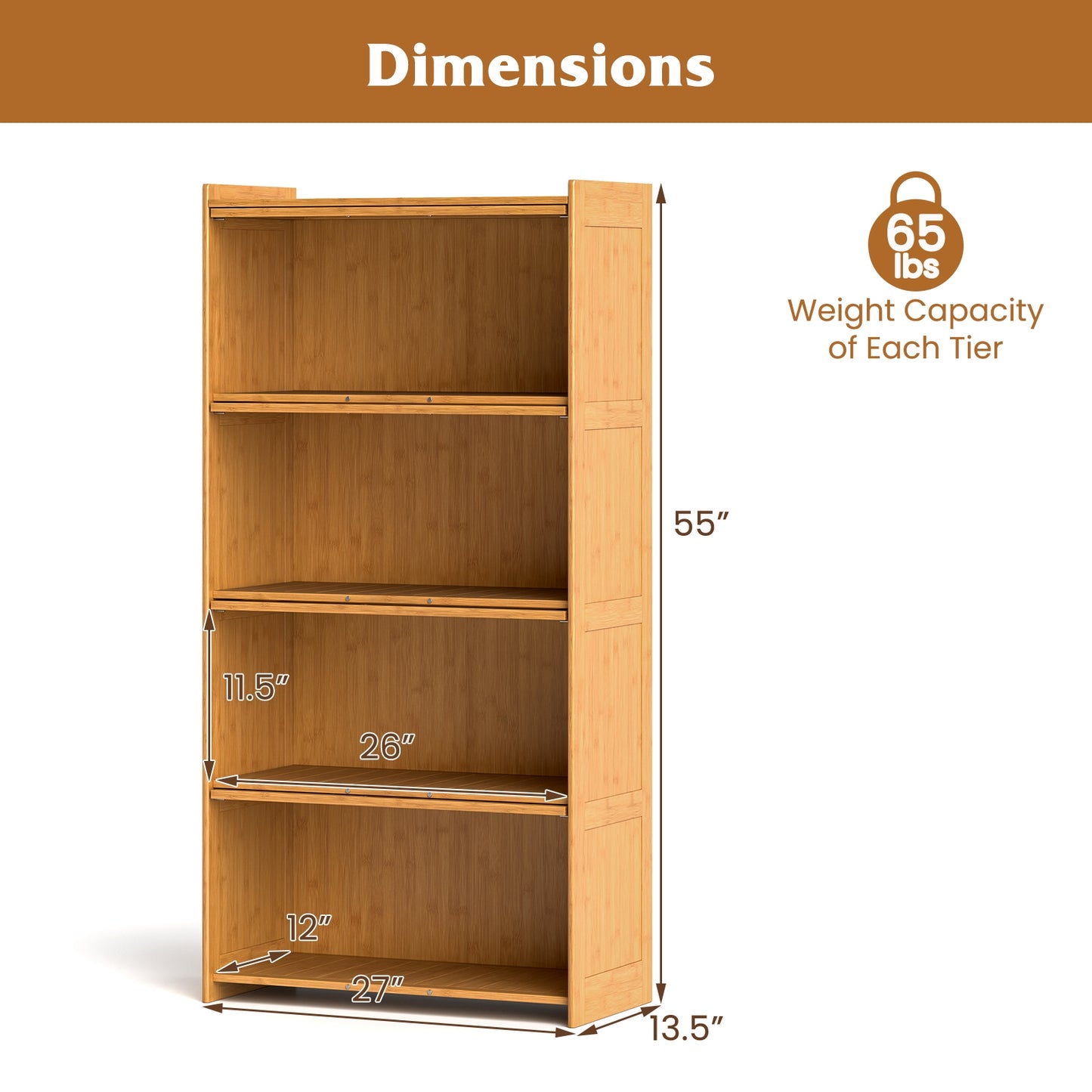 4-Tier Bamboo Bookcase with Doors for Study Room Living Room-Natural Kids Crystal