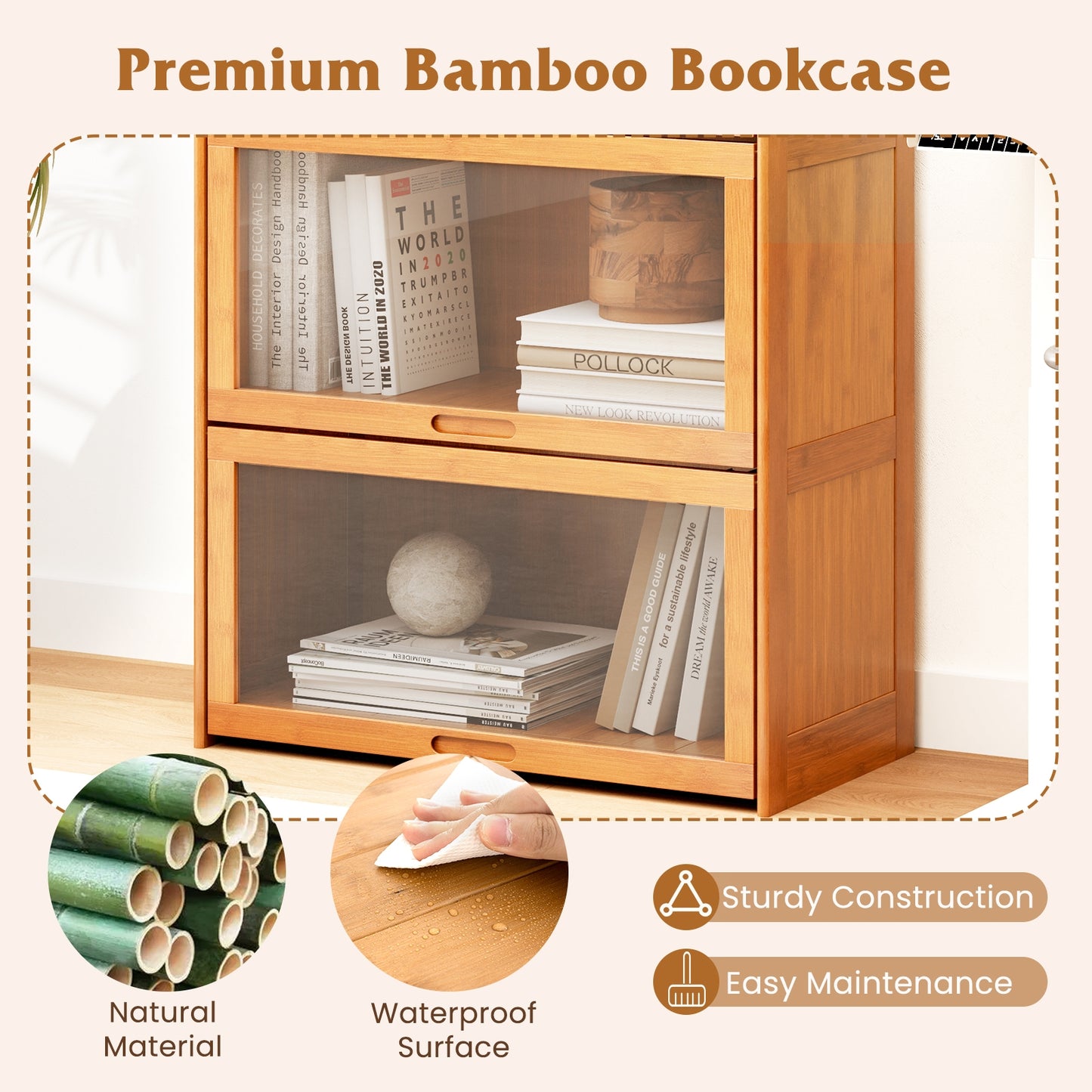 4-Tier Bamboo Bookcase with Doors for Study Room Living Room-Natural Kids Crystal