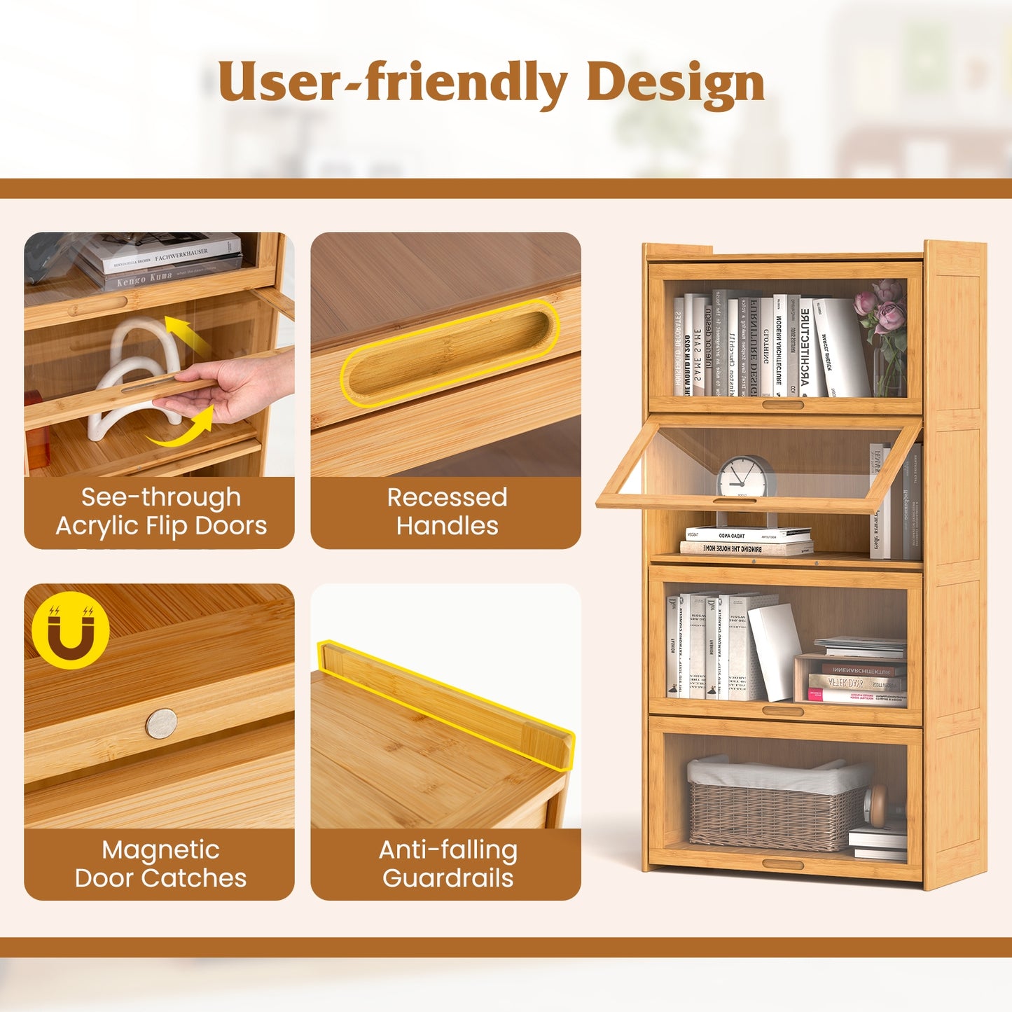 4-Tier Bamboo Bookcase with Doors for Study Room Living Room-Natural Kids Crystal