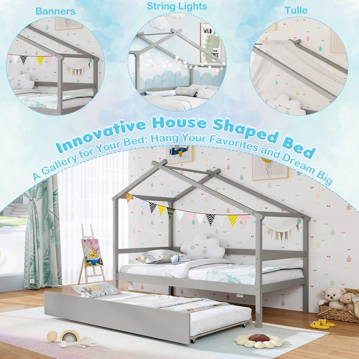 Kids Twin Size House Bed with Trundle and Roof-Gray Kids Crystal