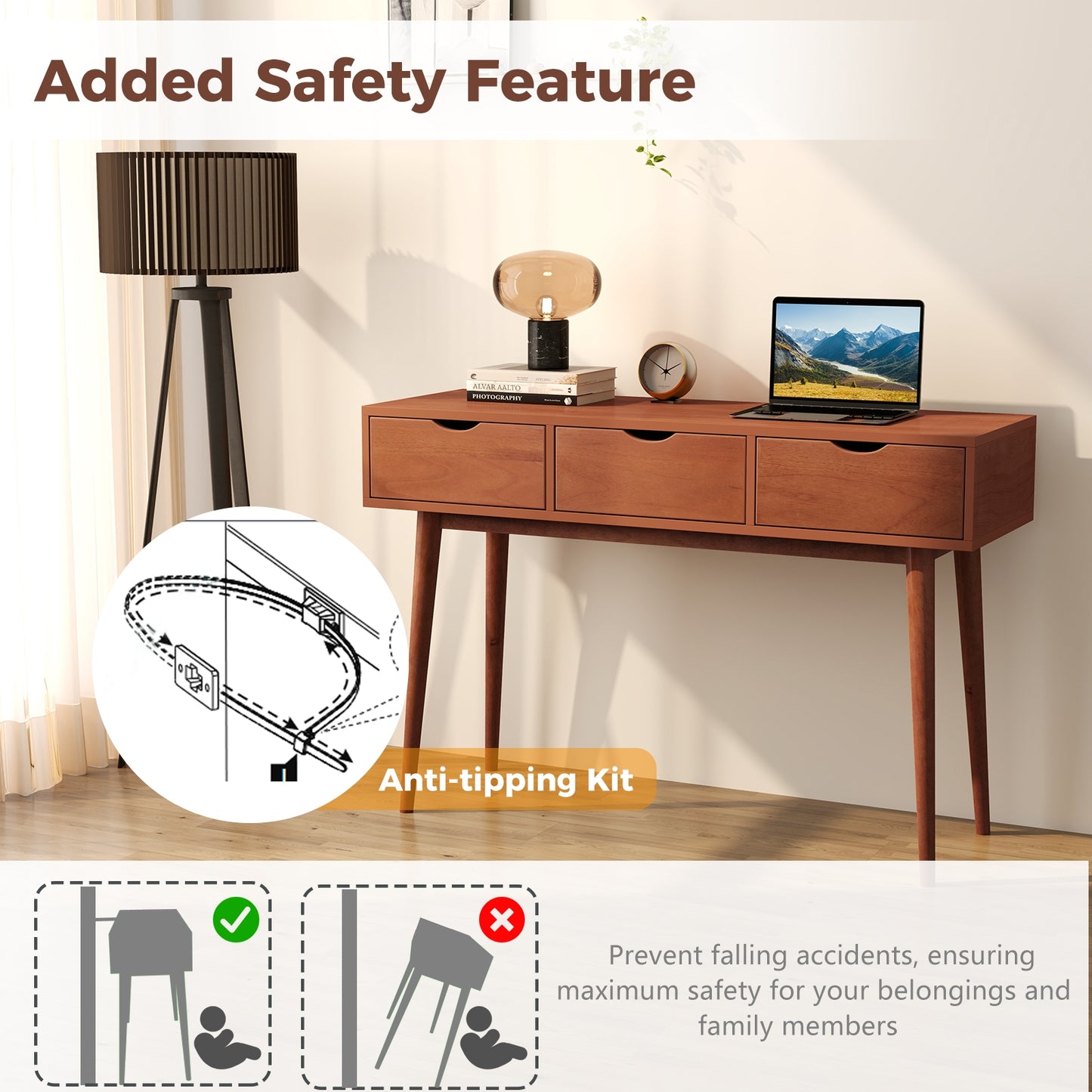 48 Inch Writing Computer Desk with 3 Drawers Solid Wood Legs-Walnut Kids Crystal