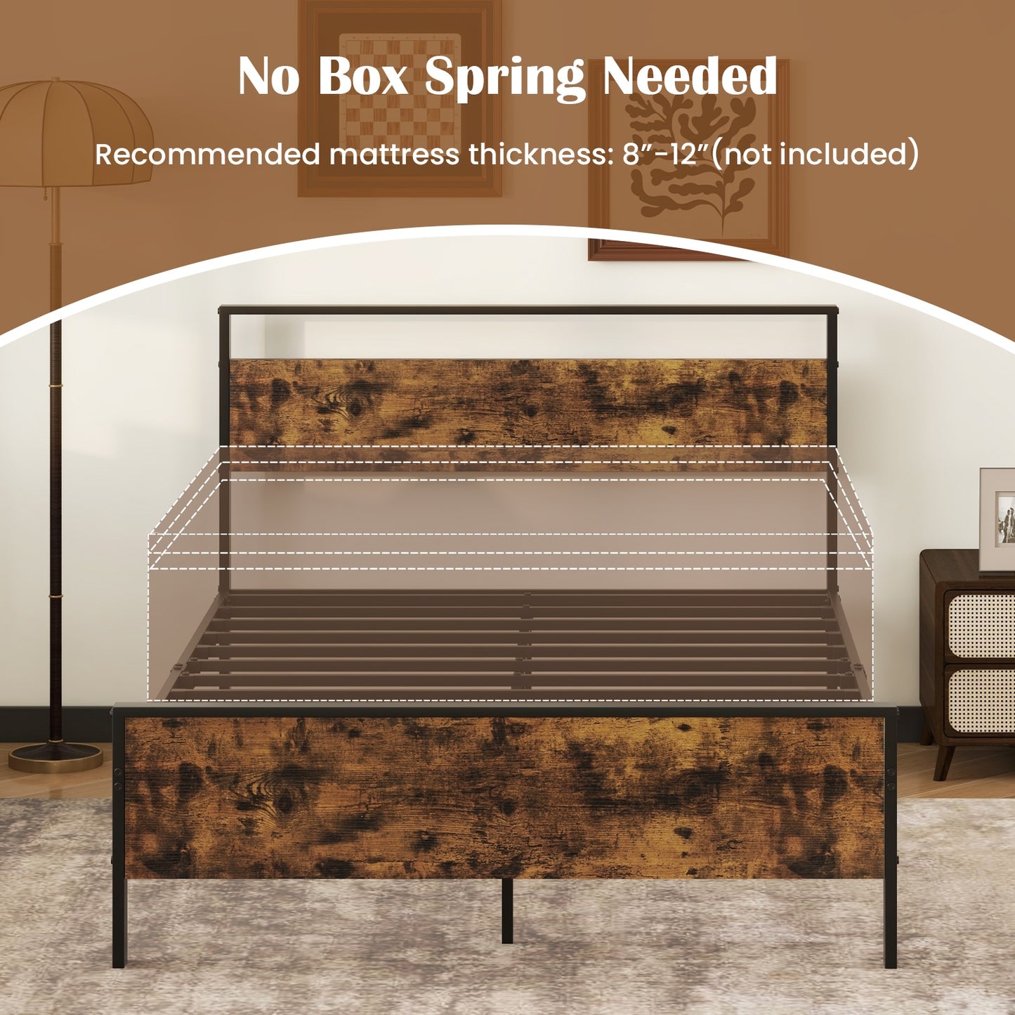 Full Metal Bed Frame Industrial Platform Bed with Wooden Headboard-Full Size Kids Crystal