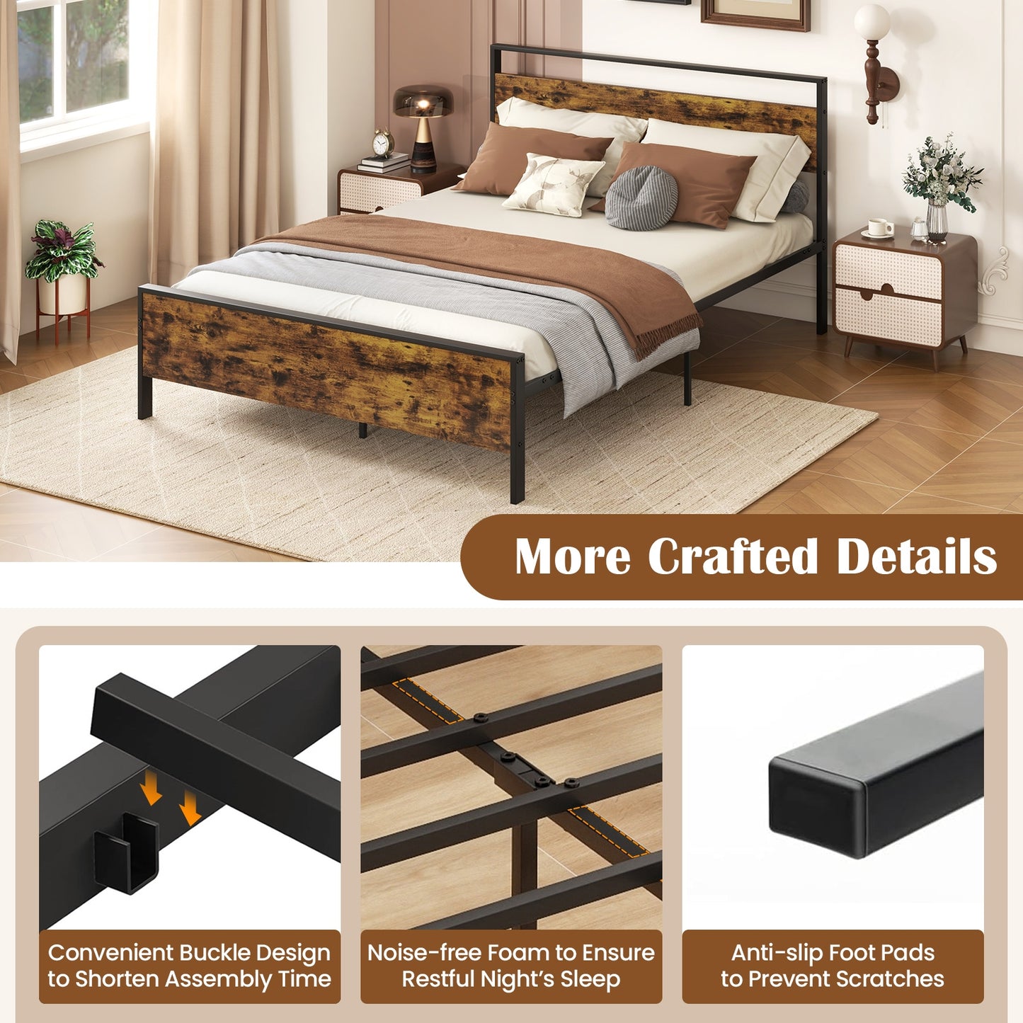 Queen Metal Bed Frame Industrial Platform Bed with Wooden Headboard-Queen Size Kids Crystal