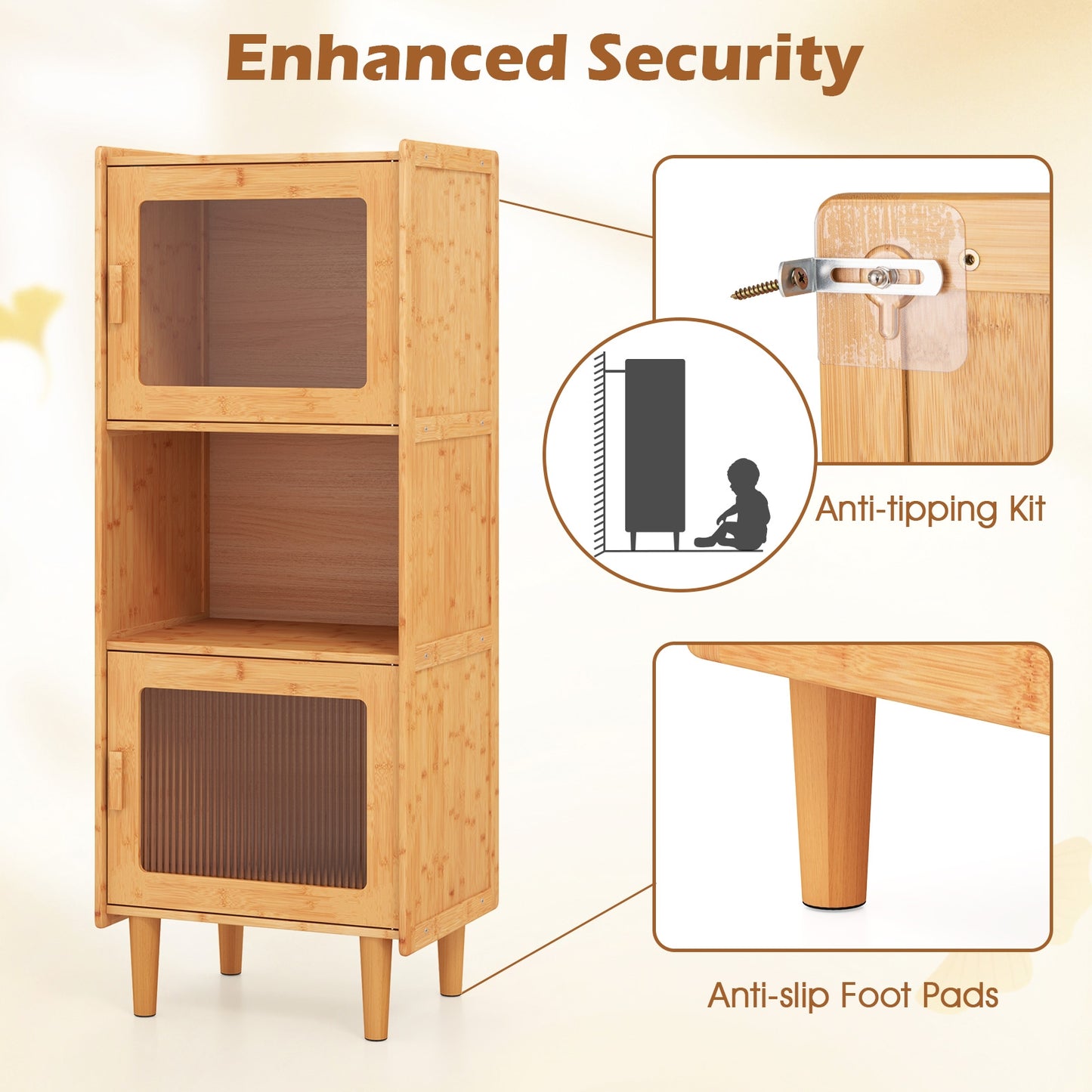 3-Cube Bamboo Storage Cabinet with Open Compartment and 2 Acrylic Doors-Natural Kids Crystal
