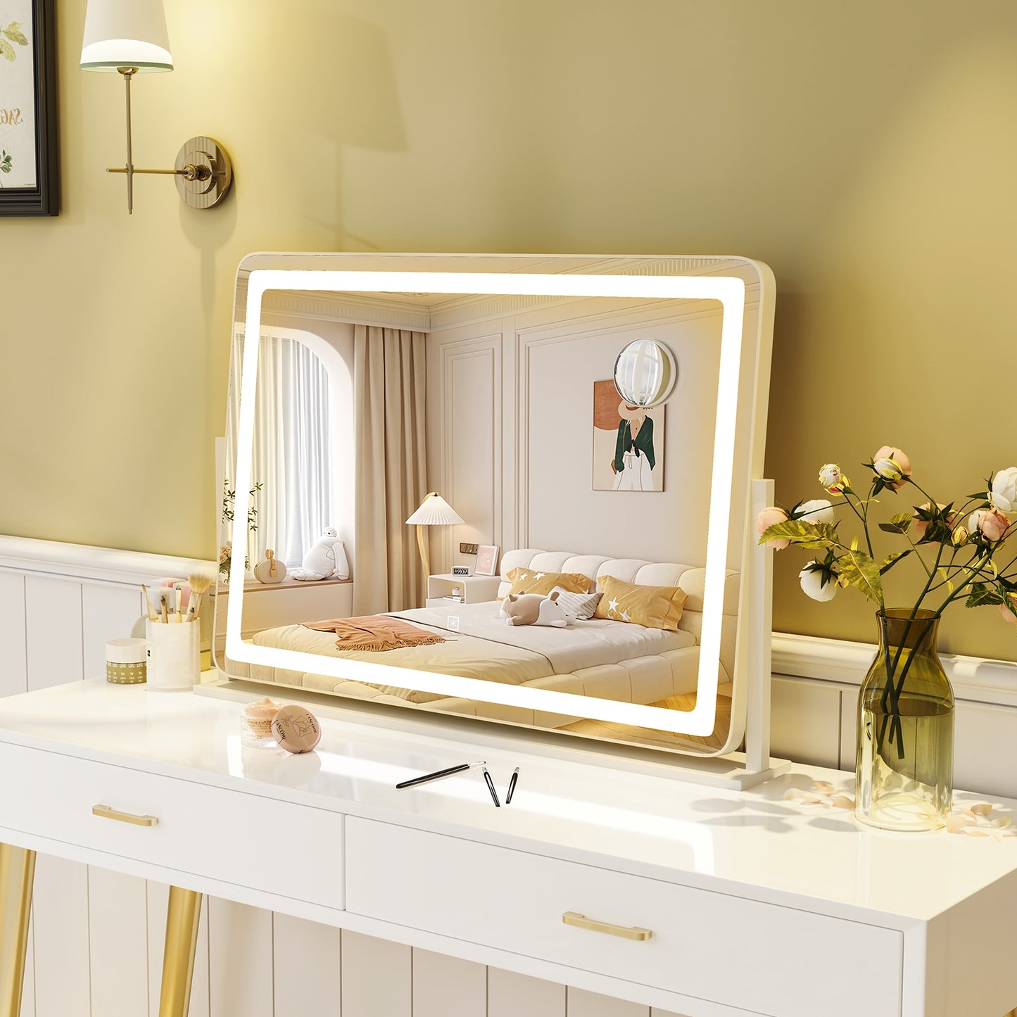 32 x 22 Inch Large Makeup Vanity Mirror with 3-Color Lighting Mode-White Kids Crystal