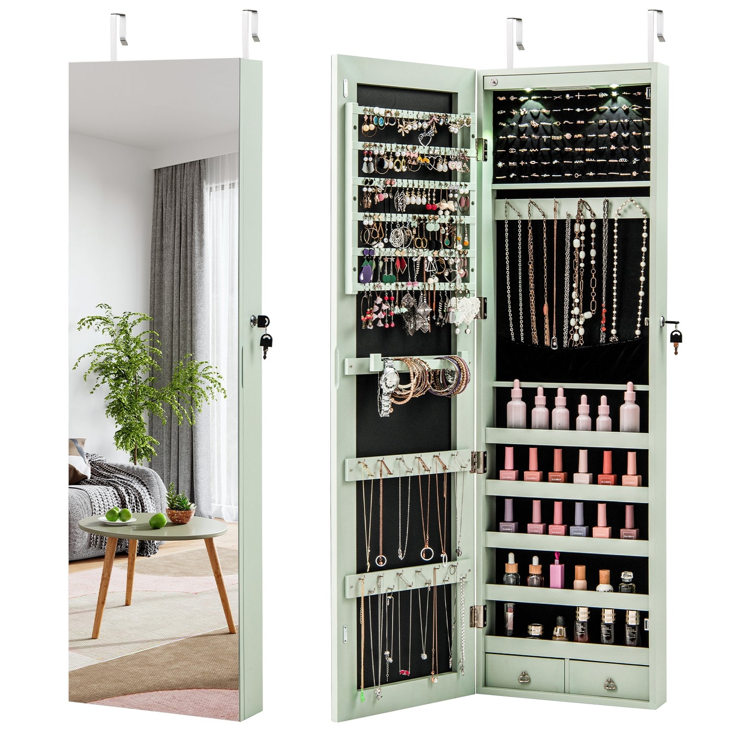Wall and Door Mounted Mirrored Jewelry Cabinet with Lights-Green