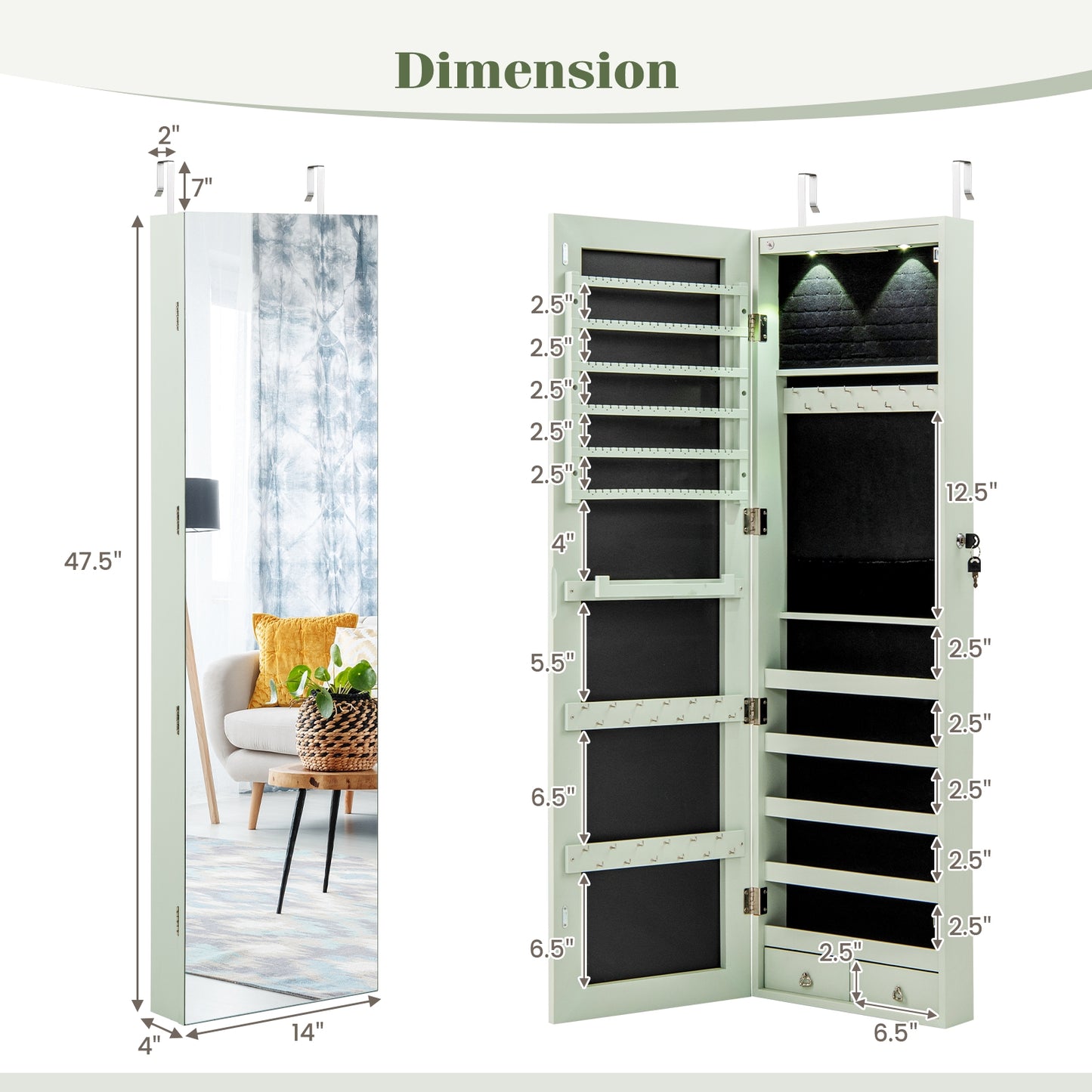 Wall and Door Mounted Mirrored Jewelry Cabinet with Lights-Green