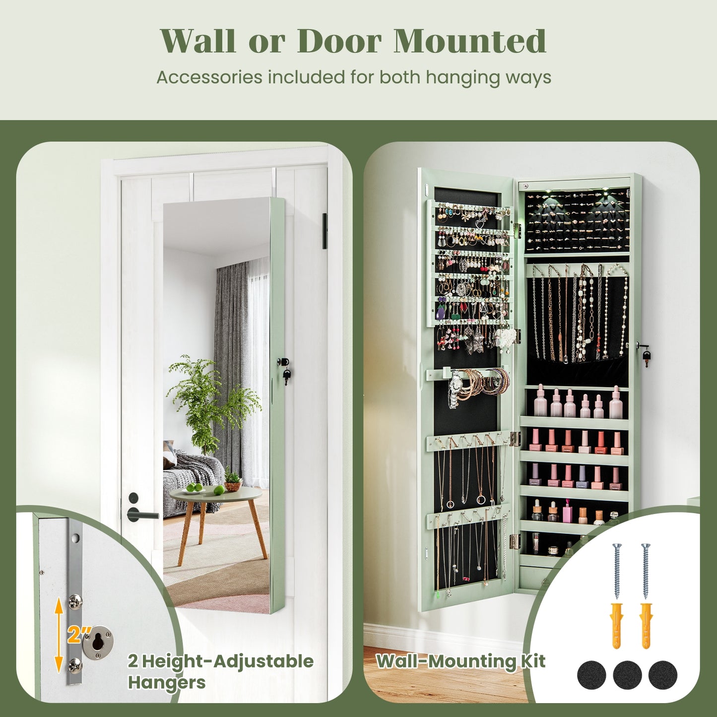 Wall and Door Mounted Mirrored Jewelry Cabinet with Lights-Green