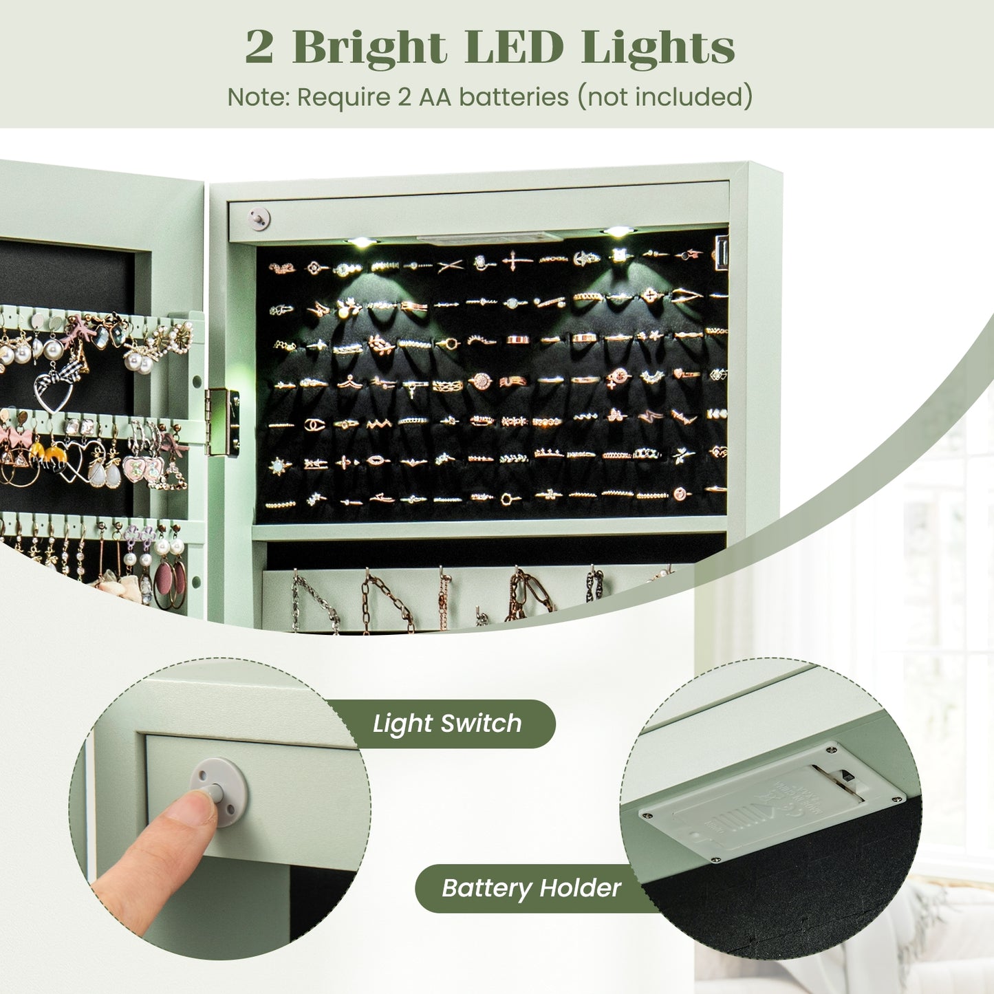 Wall and Door Mounted Mirrored Jewelry Cabinet with Lights-Green Kids Crystal