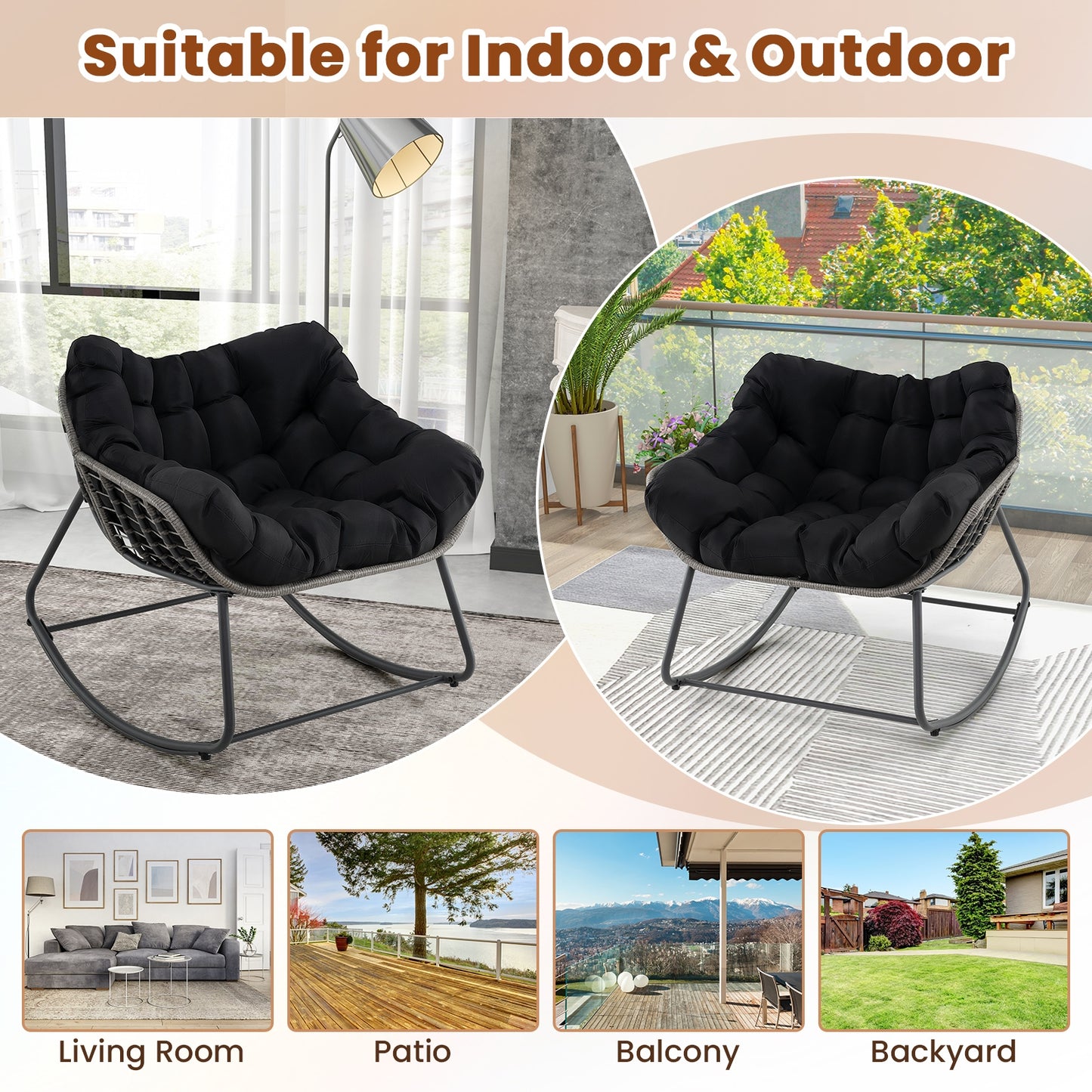 Outdoor Rocking Chair Oversized Patio PE Wicker Egg Chair with Cushion-Black Kids Crystal