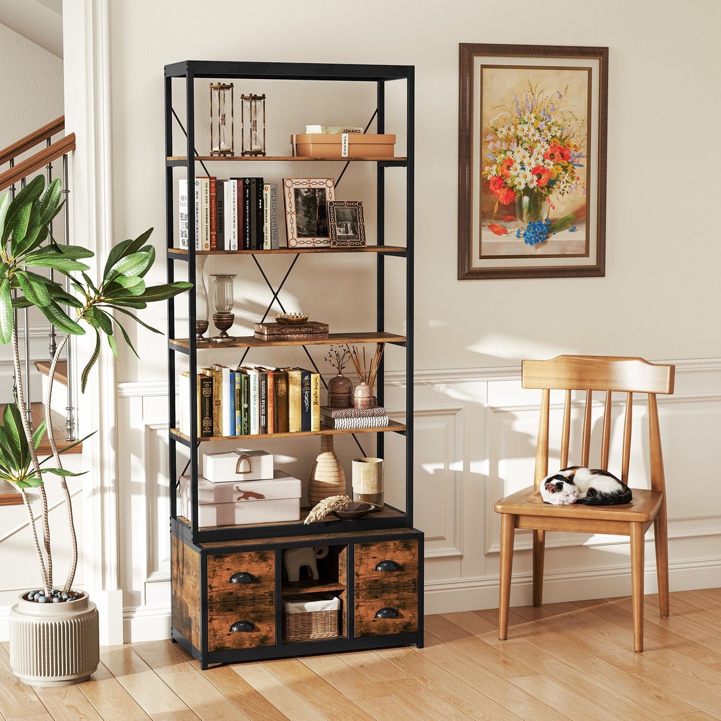 8-tier Bookshelf with 4 Fabric Drawers and Heavy-duty Metal Frame-Coffee Kids Crystal