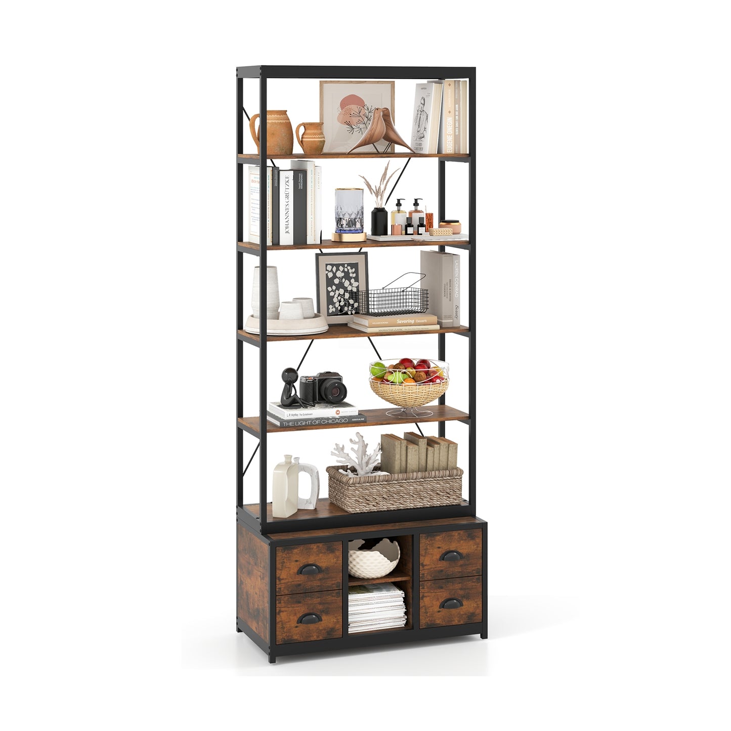 8-tier Bookshelf with 4 Fabric Drawers and Heavy-duty Metal Frame-Coffee Kids Crystal