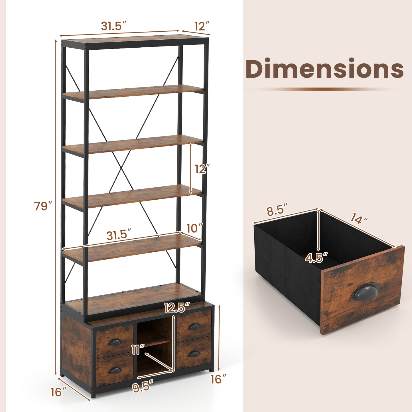 8-tier Bookshelf with 4 Fabric Drawers and Heavy-duty Metal Frame-Coffee Kids Crystal