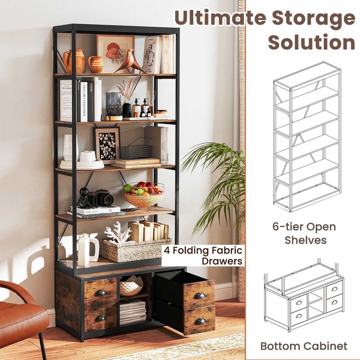 8-tier Bookshelf with 4 Fabric Drawers and Heavy-duty Metal Frame-Coffee Kids Crystal