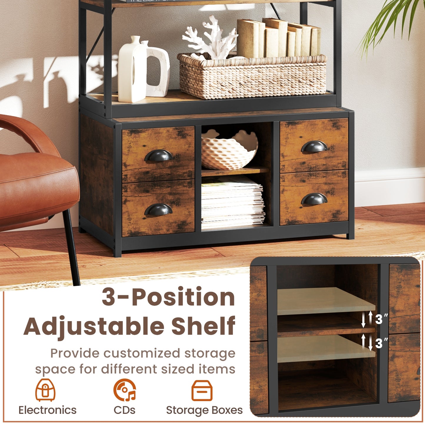 8-tier Bookshelf with 4 Fabric Drawers and Heavy-duty Metal Frame-Coffee Kids Crystal