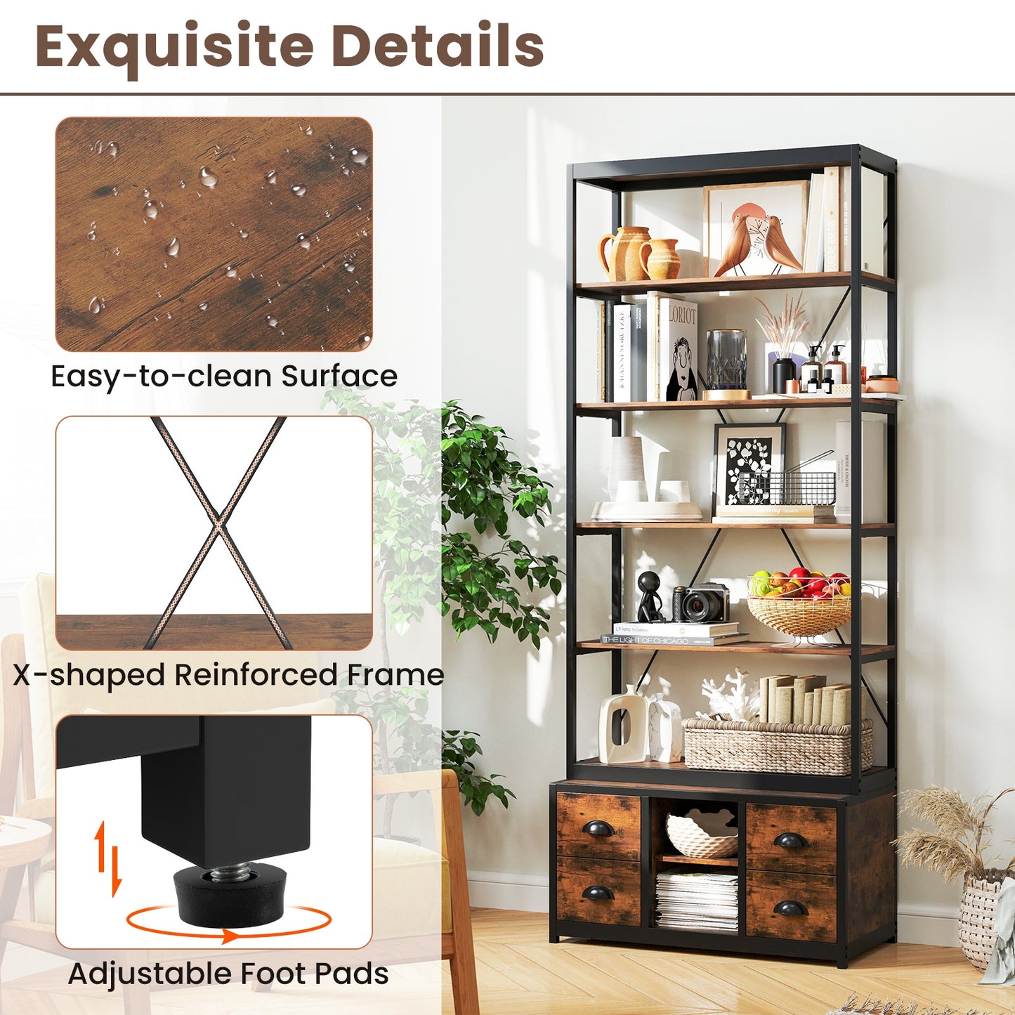 8-tier Bookshelf with 4 Fabric Drawers and Heavy-duty Metal Frame-Coffee Kids Crystal