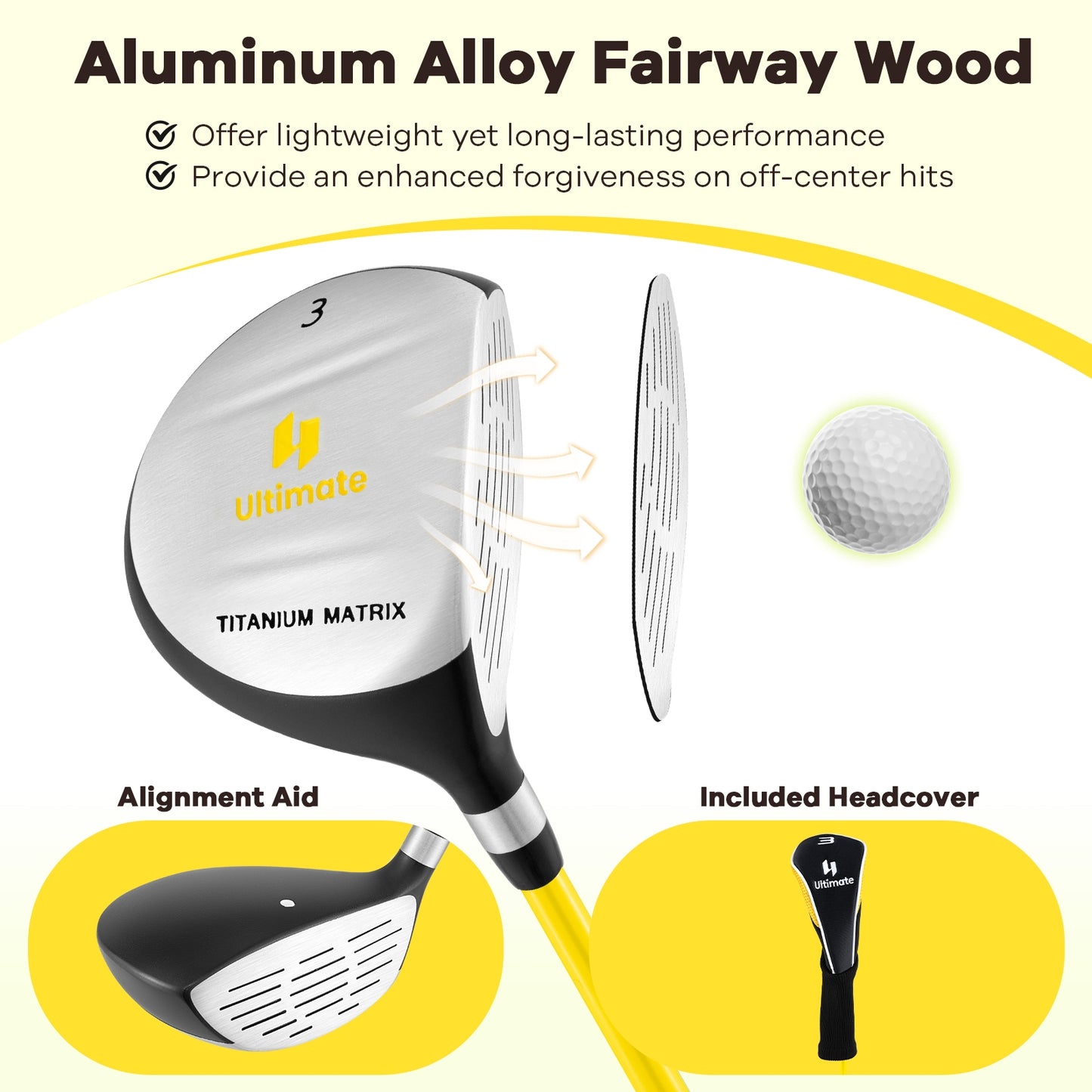 34 Inch 165CC Junior #3 Fairway Wood Golf Club with Fiberglass Shaft for Kids Ages 8-10-Yellow Kids Crystal