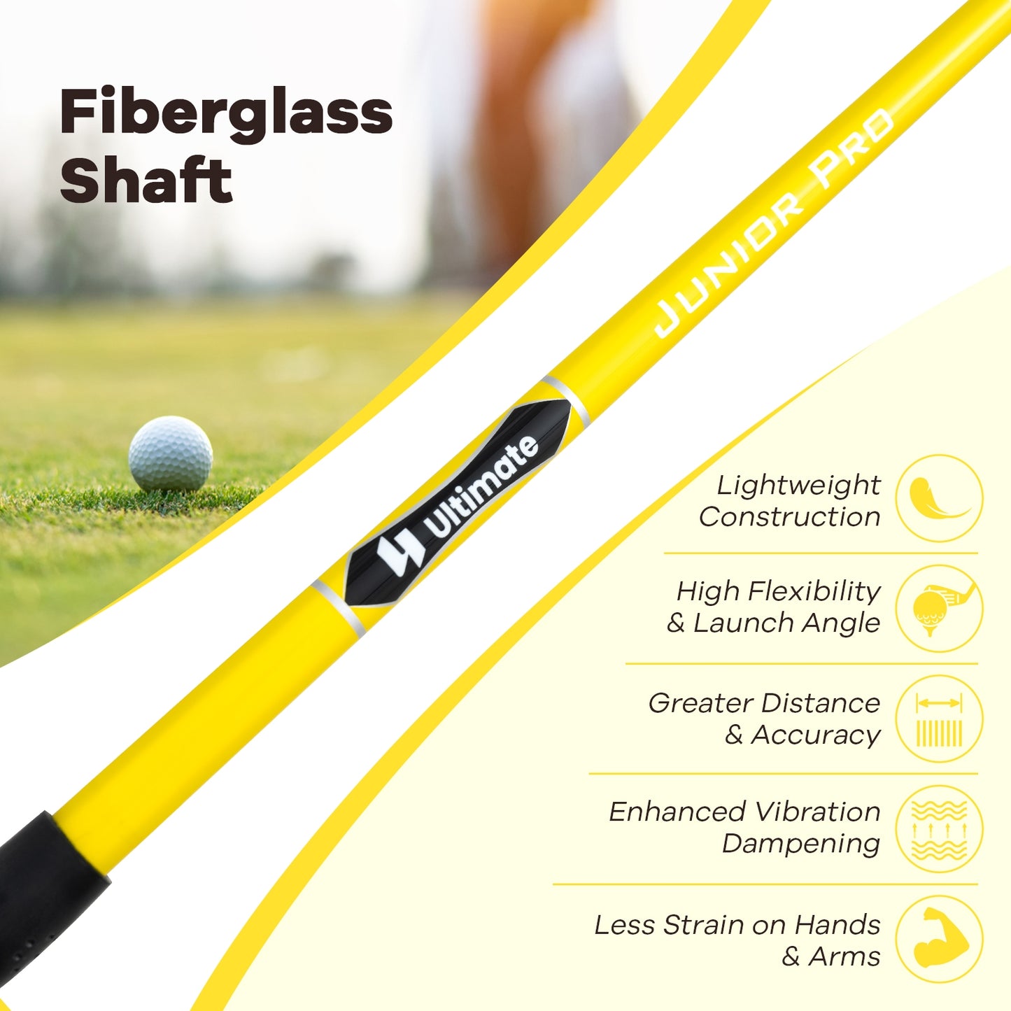 34 Inch 165CC Junior #3 Fairway Wood Golf Club with Fiberglass Shaft for Kids Ages 8-10-Yellow Kids Crystal