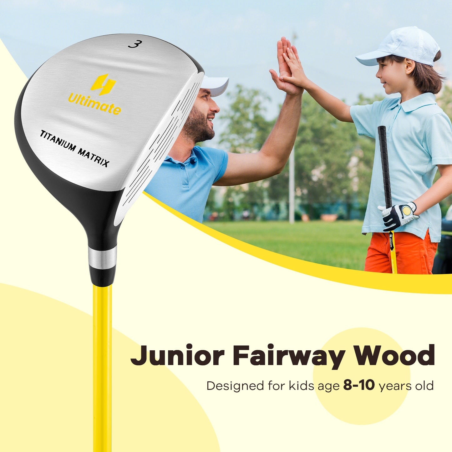 34 Inch 165CC Junior #3 Fairway Wood Golf Club with Fiberglass Shaft for Kids Ages 8-10-Yellow Kids Crystal