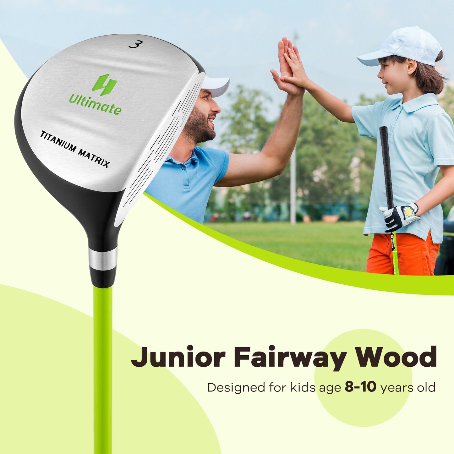 34 Inch 165CC Junior #3 Fairway Wood Golf Club with Fiberglass Shaft for Kids Ages 8-10-Green Kids Crystal