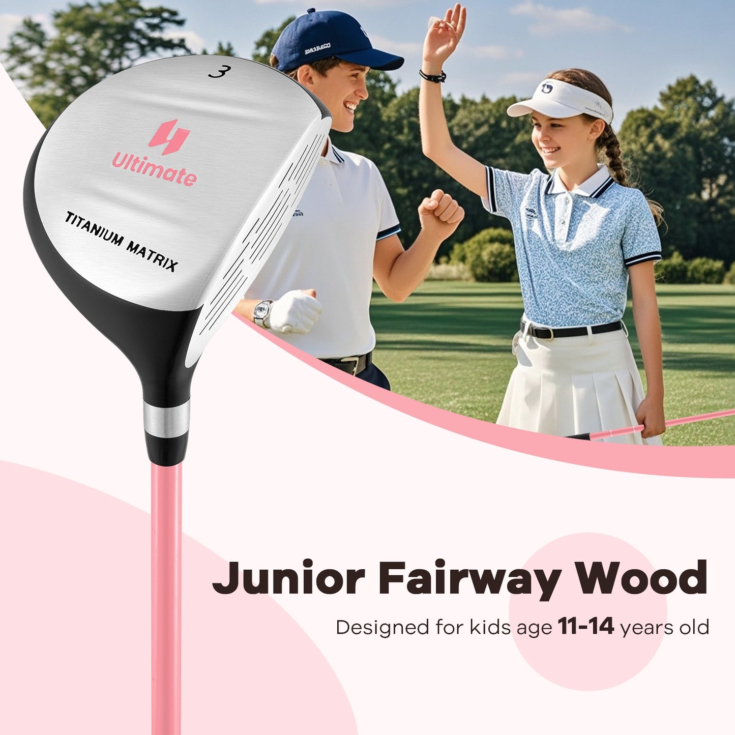 38 Inch 165CC Junior #3 Fairway Wood Golf Club with Fiberglass Shaft for Kids Ages 11-14-Pink Kids Crystal