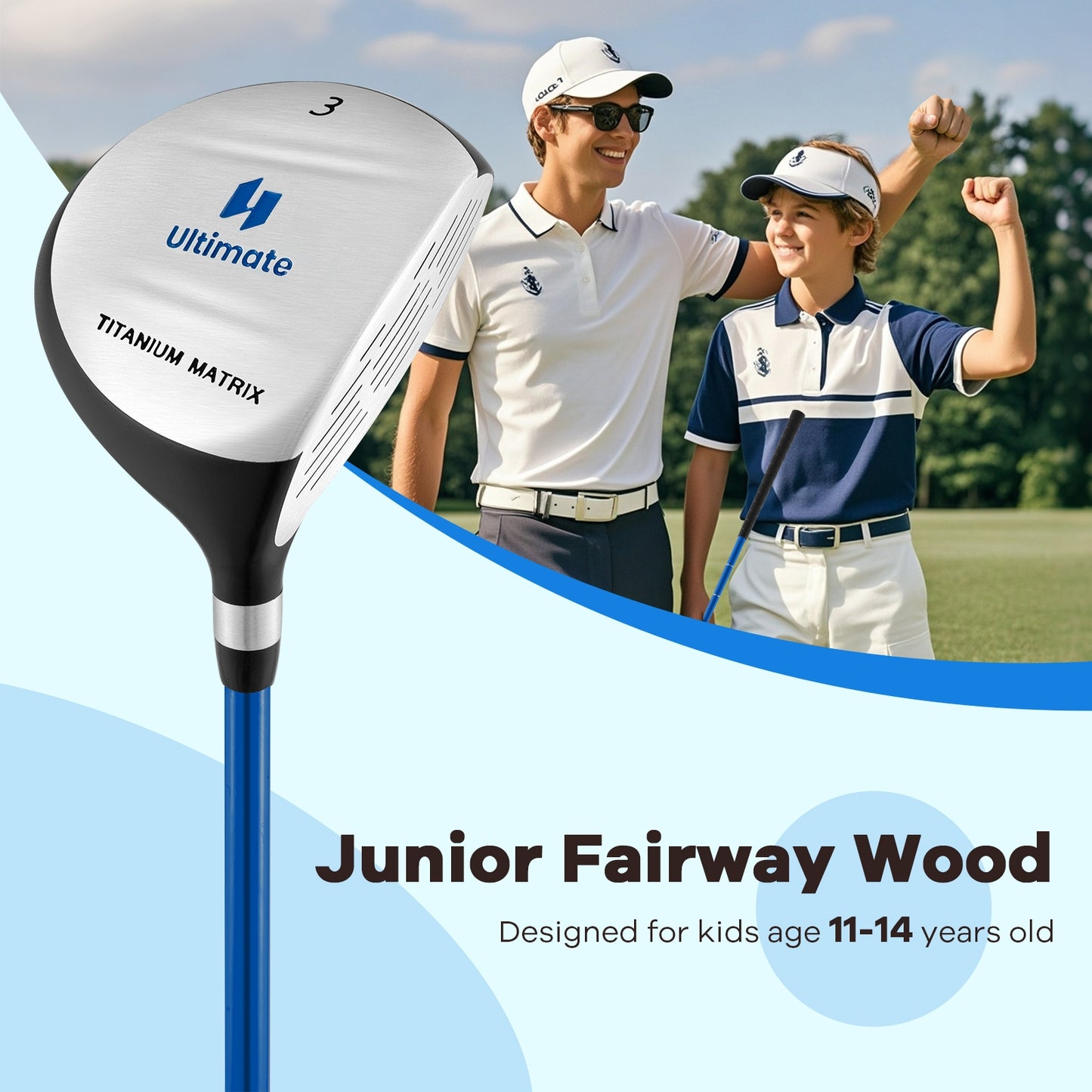 38 Inch 165CC Junior #3 Fairway Wood Golf Club with Fiberglass Shaft for Kids Ages 11-14-Blue Kids Crystal