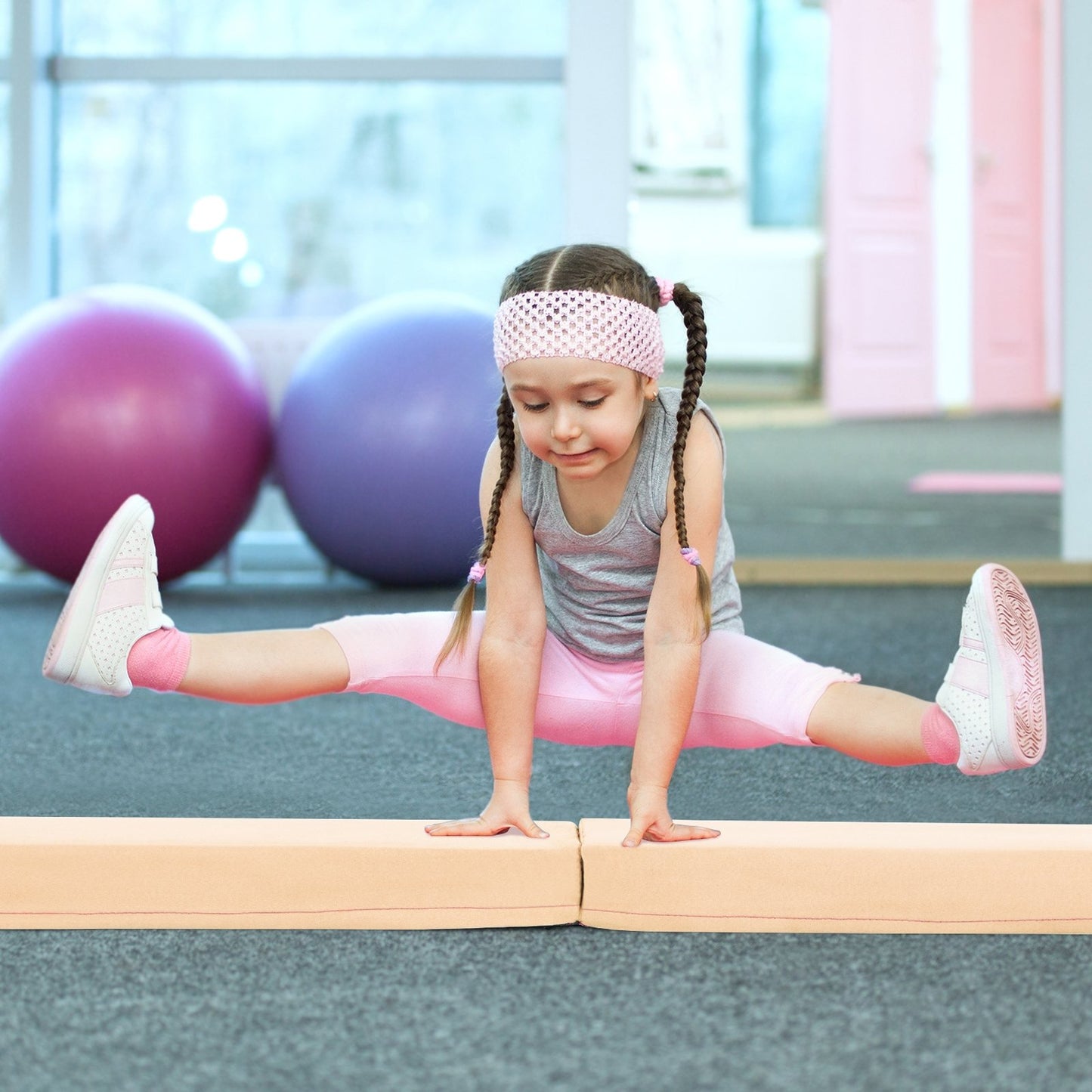 7 FT Folding Balance Beam with Removable Suede Cover and Non-slip Bottom-Khaki