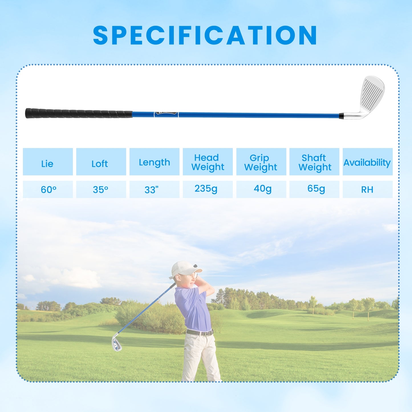Junior #7 Iron for Kids with Fiberglass Shaft and Headcover-Blue Kids Crystal