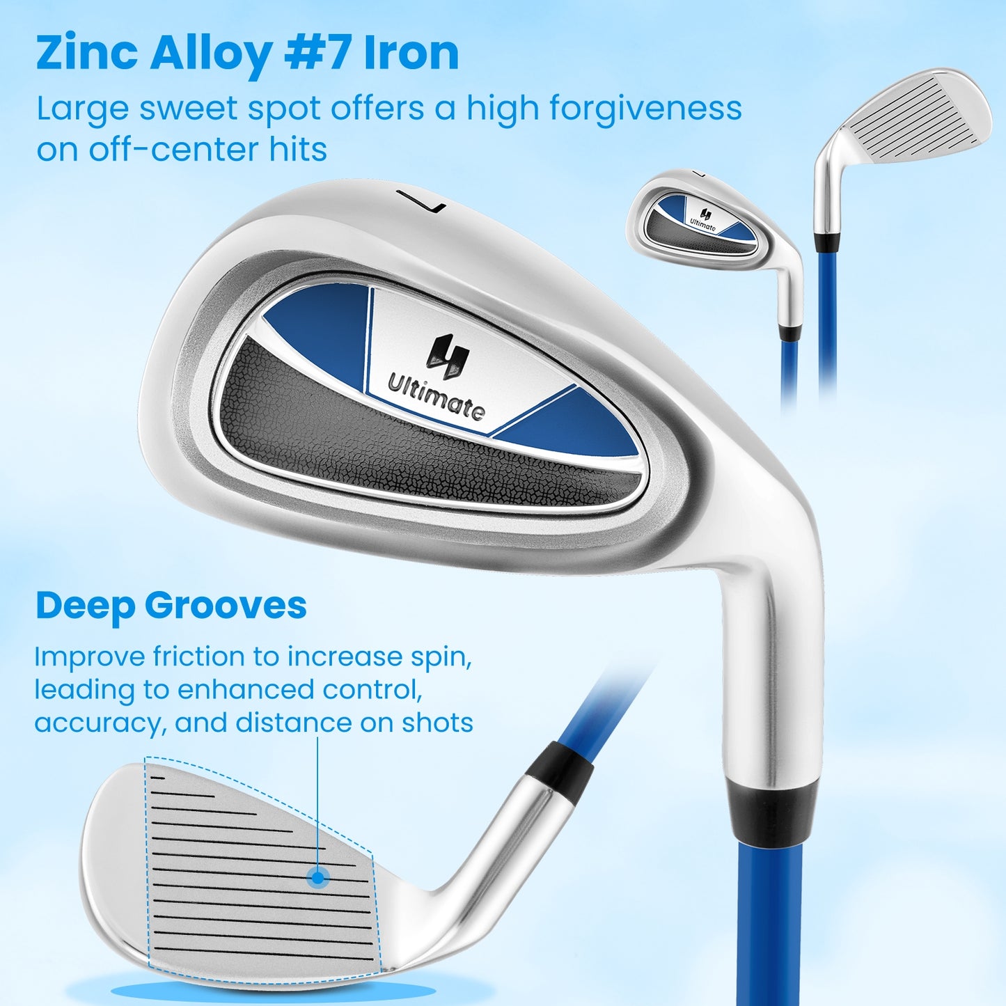 Junior #7 Iron for Kids with Fiberglass Shaft and Headcover-Blue Kids Crystal