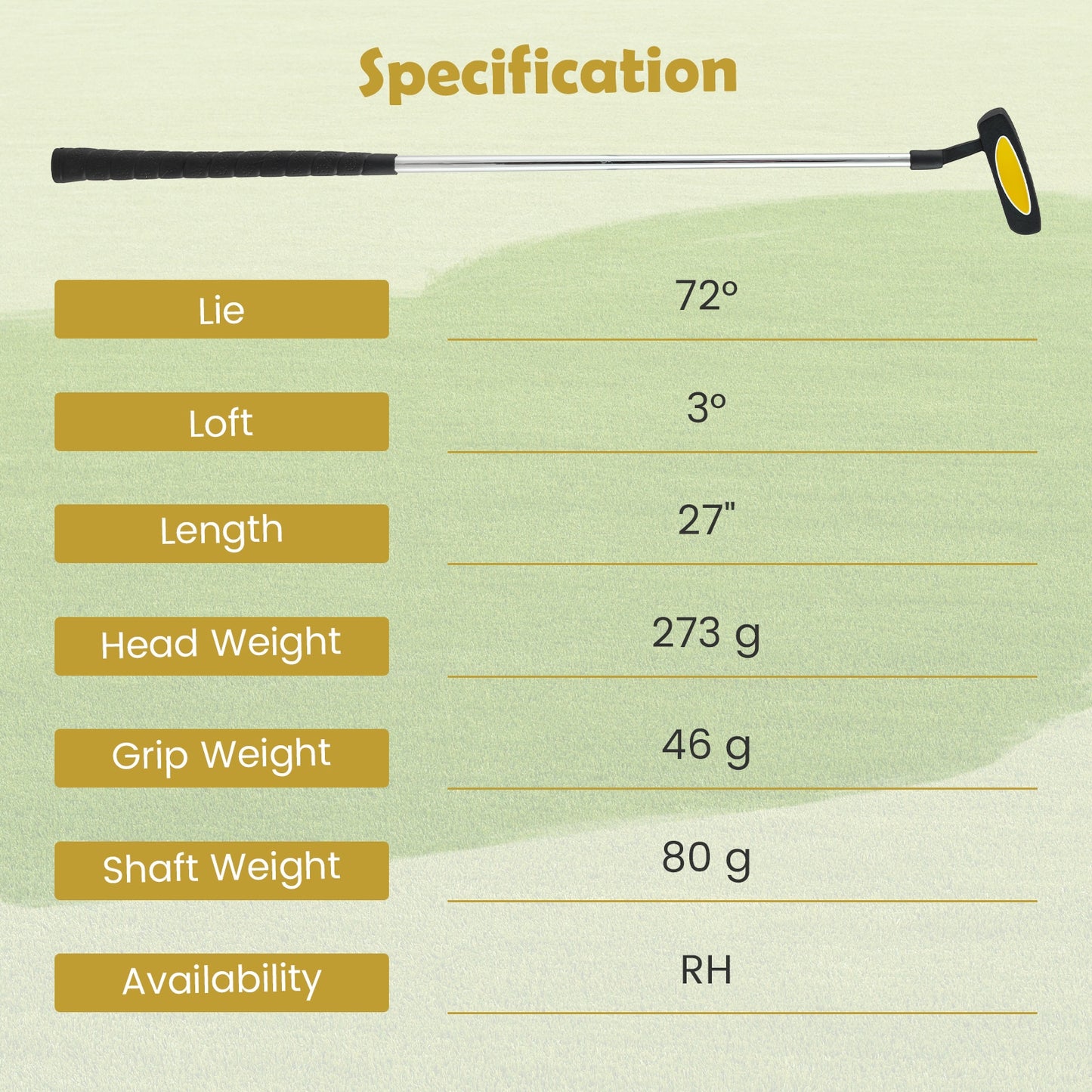 Junior Mallet Putter Individual Gold Club for 8-10 years old Kids-Yellow Kids Crystal