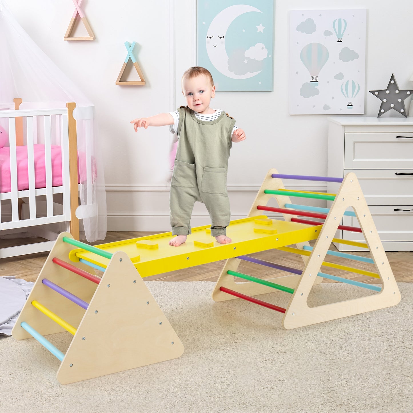 3 Piece Toddler Triangle Set Montessori with 2 Climbing Triangles and 1 Ramp-Colorful Kids Crystal