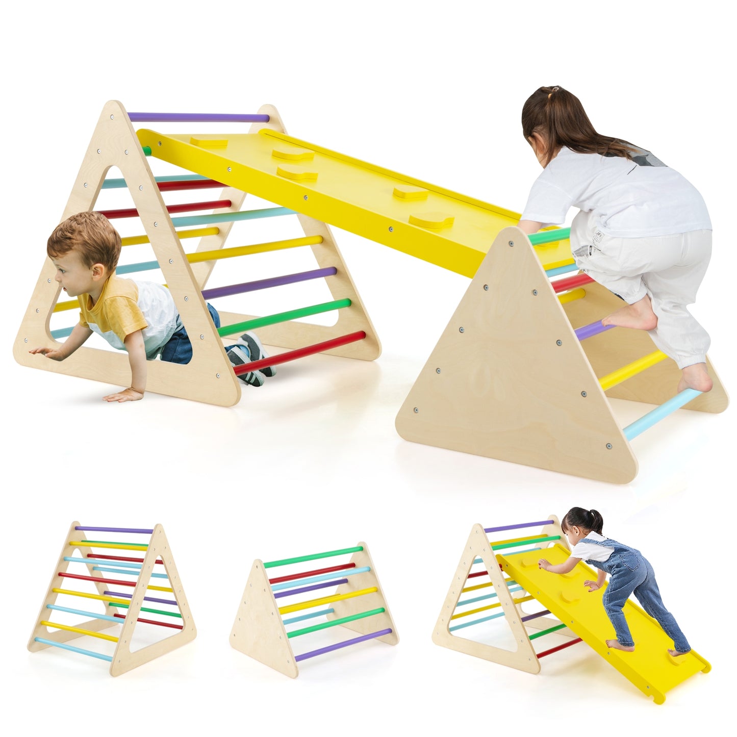 3 Piece Toddler Triangle Set Montessori with 2 Climbing Triangles and 1 Ramp-Colorful Kids Crystal