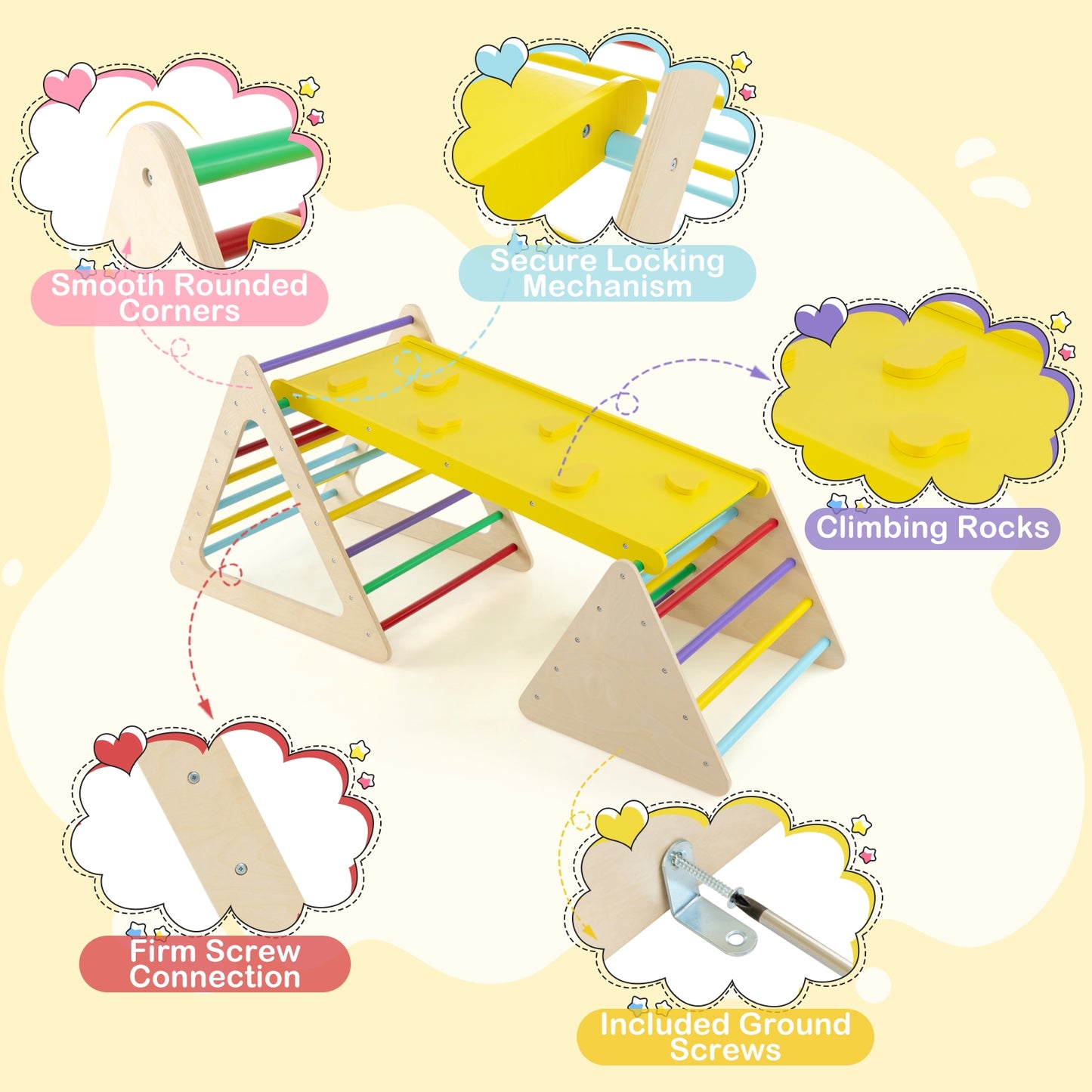 3 Piece Toddler Triangle Set Montessori with 2 Climbing Triangles and 1 Ramp-Colorful Kids Crystal