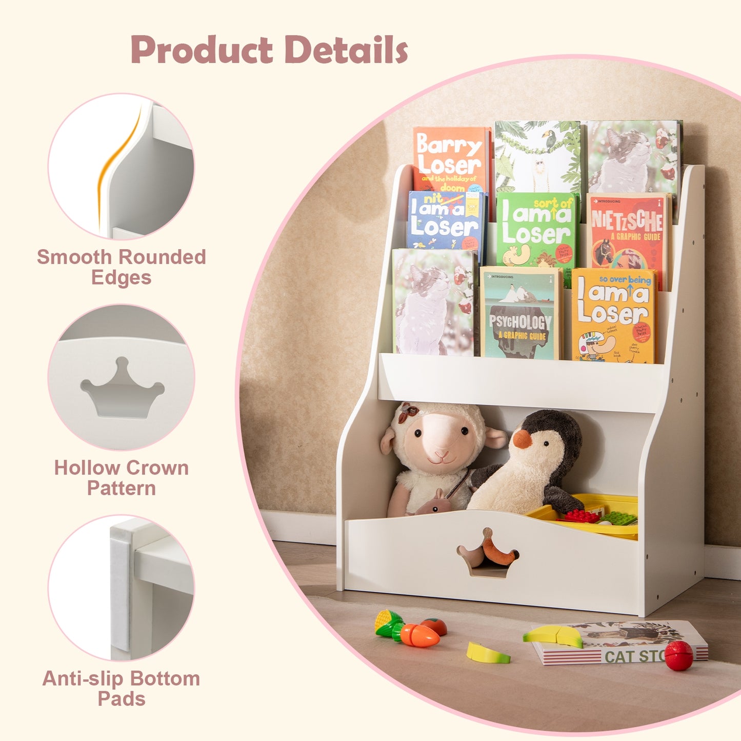 4-Tier Kids Bookshelf with Shelves and Compartment for Toddlers-White Kids Crystal