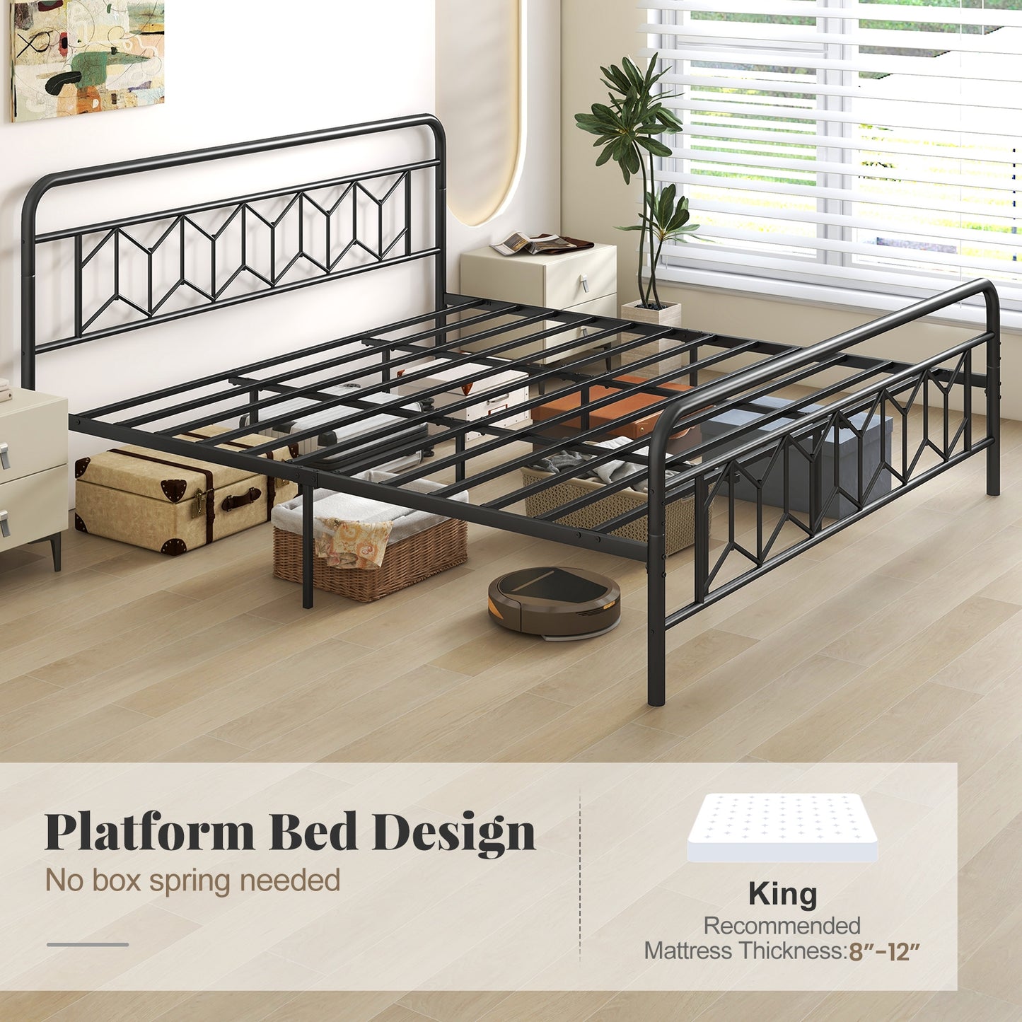 Platform Bed with High Headboard and Snap Lock Metal Slats-King Size Kids Crystal