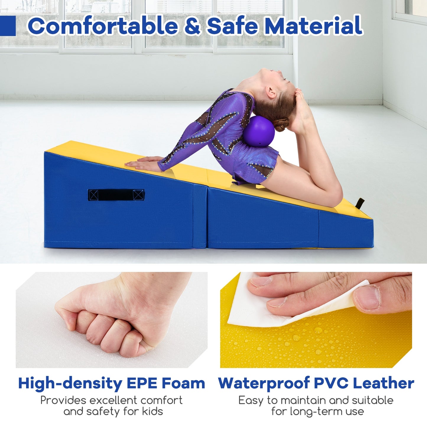 Folding Incline Yoga Gymnastics Tumbling Mat with EPE Foam-Yellow Kids Crystal