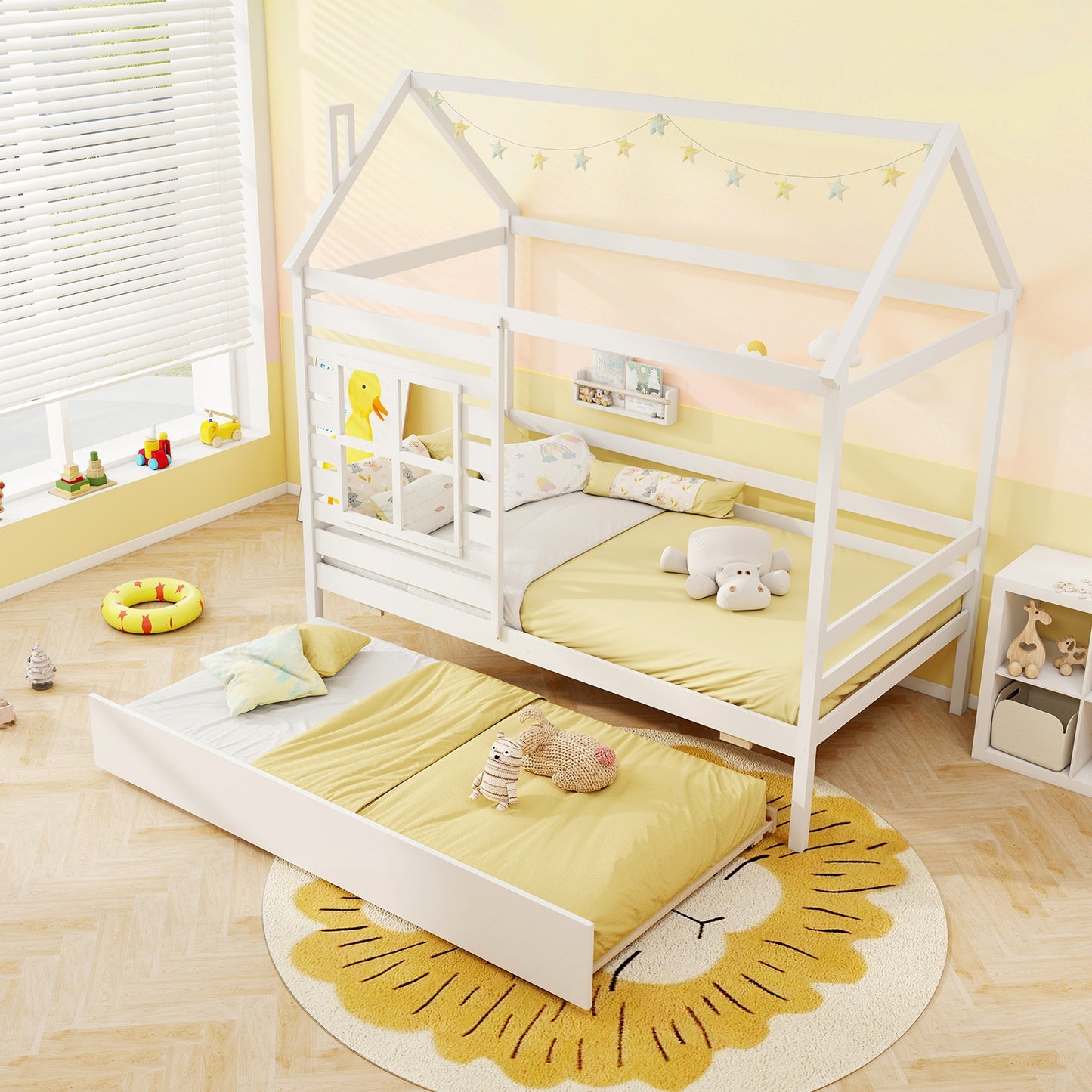 Twin Size Wooden Platform House Bed with Trundle and Roof-White Kids Crystal